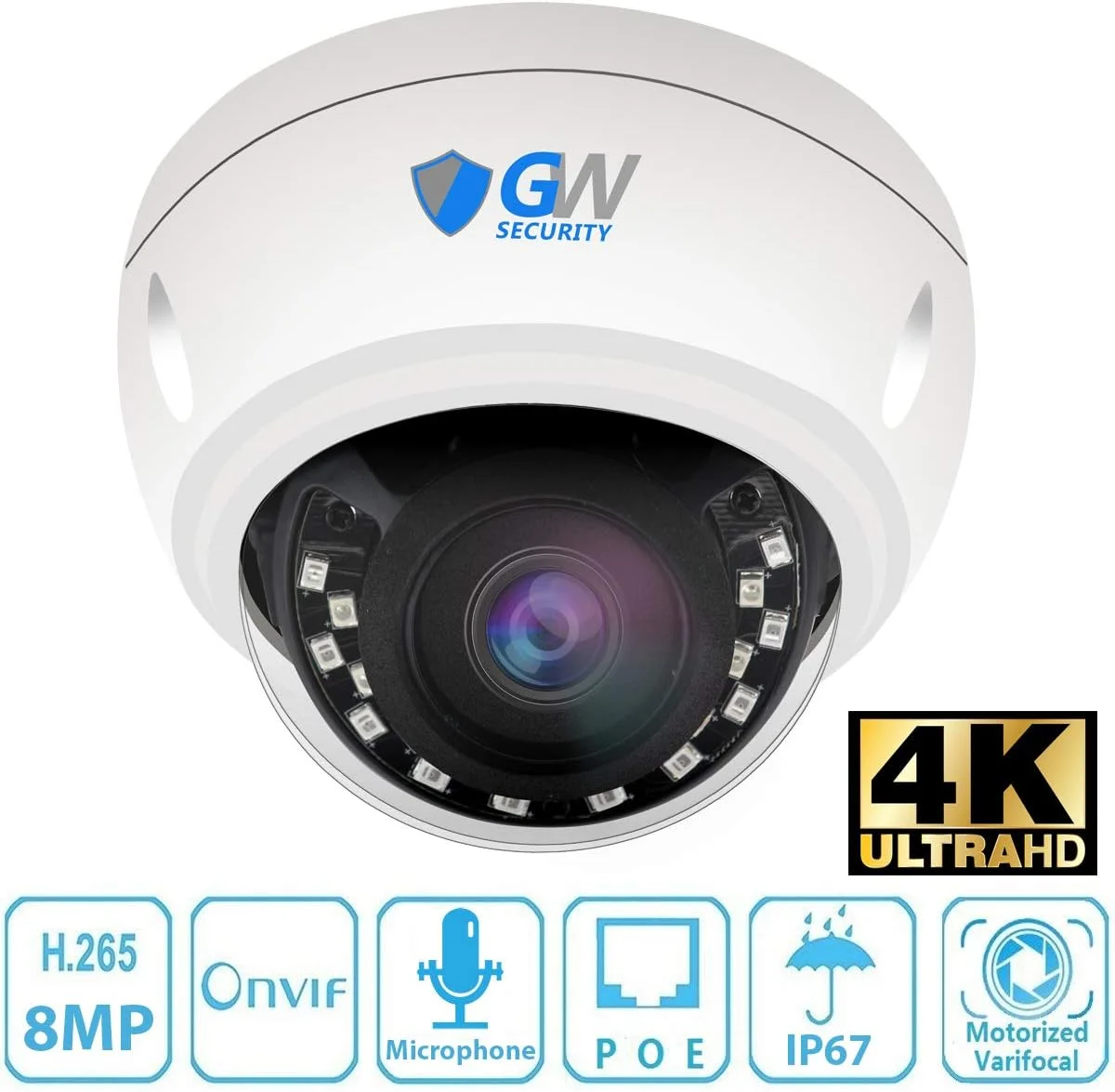 سیستم امنیتی NVR هوشمند خانگی GW Security با 16 کانال 8 مگاپیکسل UltraHD 4K (3840x2160) صدا و تصویر با زوم موتورایز - 16 عدد دوربین دام 8 مگاپیکسلی 2.8-8 میلی متری با زوم اپتیکال 3X ضد آب و میکروفون IP PoE