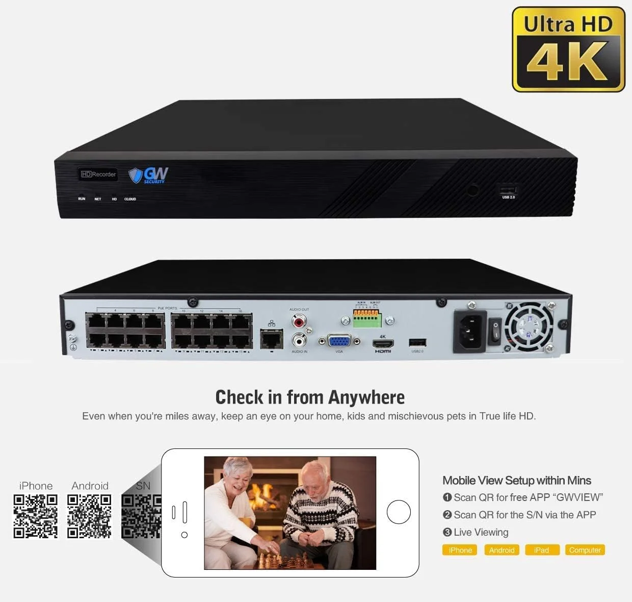سیستم امنیتی NVR هوشمند خانگی GW Security با 16 کانال 8 مگاپیکسل UltraHD 4K (3840x2160) صدا و تصویر با زوم موتورایز - 16 عدد دوربین دام 8 مگاپیکسلی 2.8-8 میلی متری با زوم اپتیکال 3X ضد آب و میکروفون IP PoE