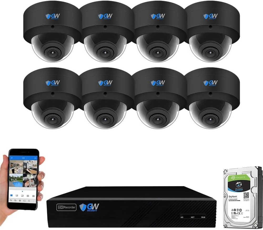 دستگاه ضبط تصاویر ۸ کاناله ۱۲ مگاپیکسلی UltraHD 4K با قابلیت تشخیص چهره/انسان/خودرو به همراه ۸ عدد دوربین ۸ مگاپیکسلی ضد آب با میکروفون و زاویه دید ۱۳۰ درجه مناسب فضای داخلی و خارجی (مشکی)