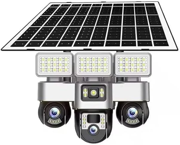 دوربین امنیتی خورشیدی V380 Pro 4G، سیستم لنز سه گانه PTZ، چرخش 360 درجه، دید در شب، رزولوشن 4K، ضد آب IP66، کنترل از طریق اپلیکیشن موبایل