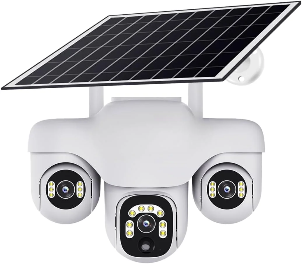 3-Lens Solar Security Camera | 360° PTZ WiFi Outdoor Surveillance Dome | Smart APP Control, AI Motion Tracking, Night Vision, Waterproof Solar-Powered CCTV Camera