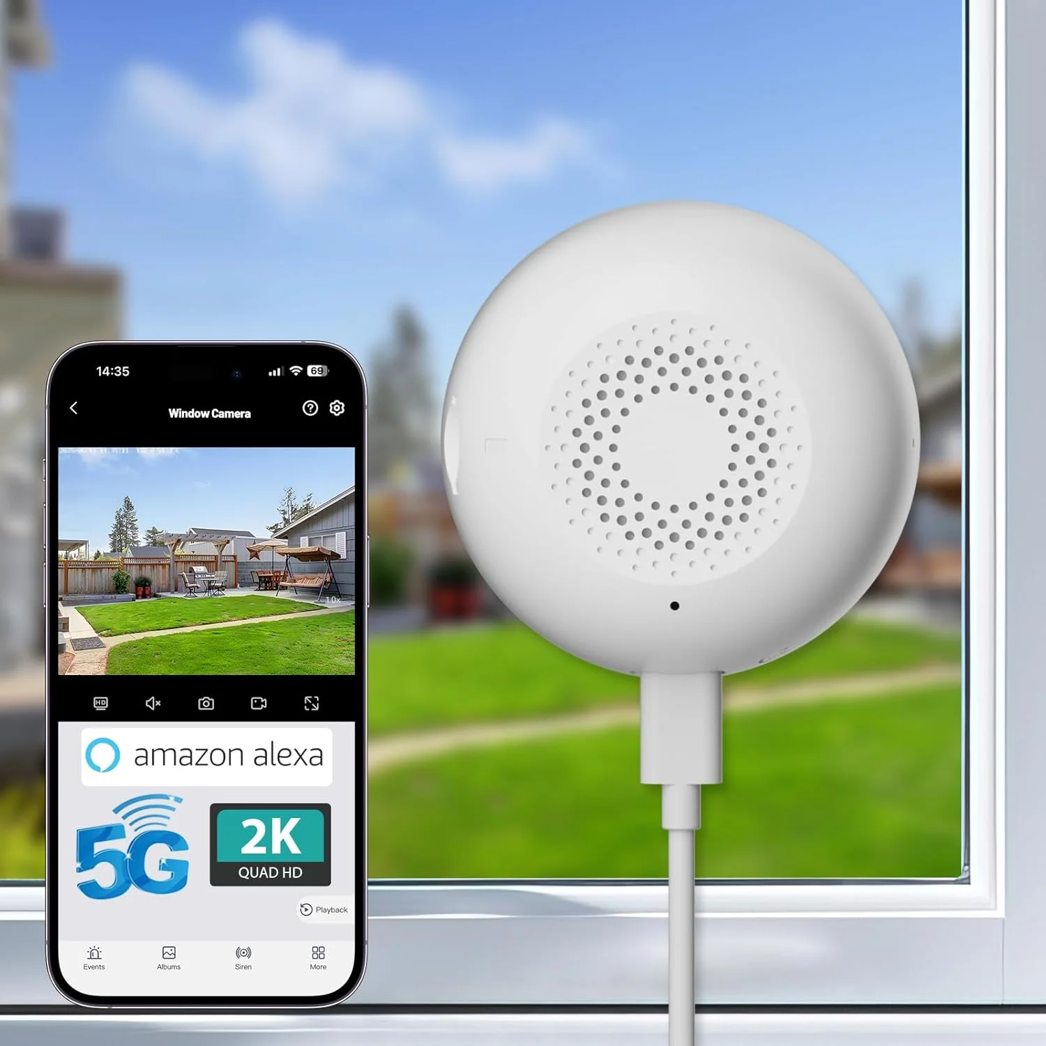 دوربین امنیتی پنجره‌ای 2K، دوربین داخلی گنبدی وای‌فای 5G و 2.4GHz برای امنیت خانه با دید در شب رنگی، تشخیص انسان/حرکت، هشدارهای بی‌درنگ، صدای دو طرفه، ضبط 24/7، پشتیبانی از الکسا