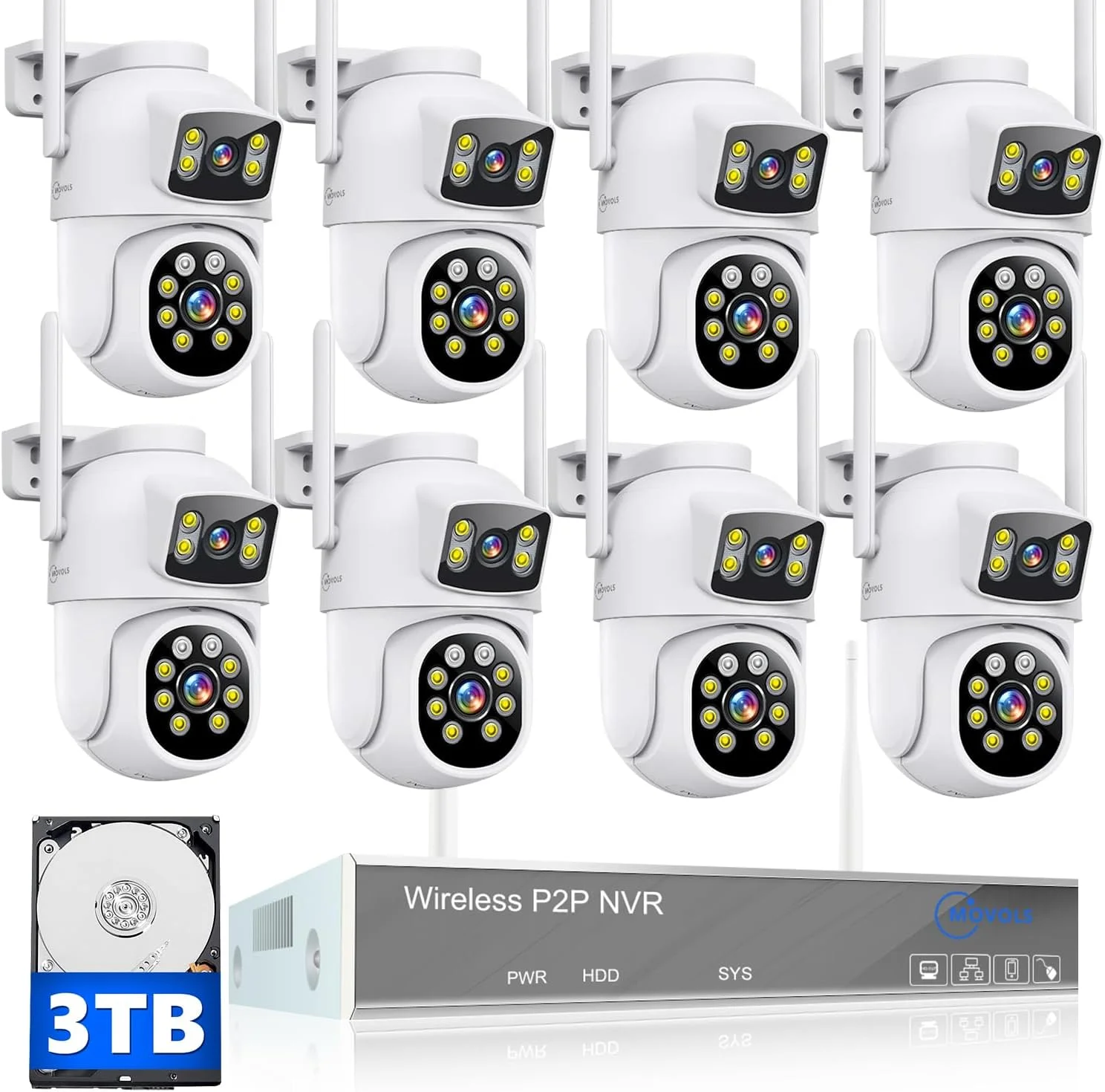 سیستم دوربین مداربسته بی‌سیم MOVOLS، وای‌فای 5G/2.4G، سیستم دوربین دو لنز 4MP+4MP هشت عددی، سیستم دوربین‌های گردان PTZ دام 2K HD با دید در شب رنگی، تشخیص حرکت، هارد دیسک 3 ترابایتی، 16 کانال