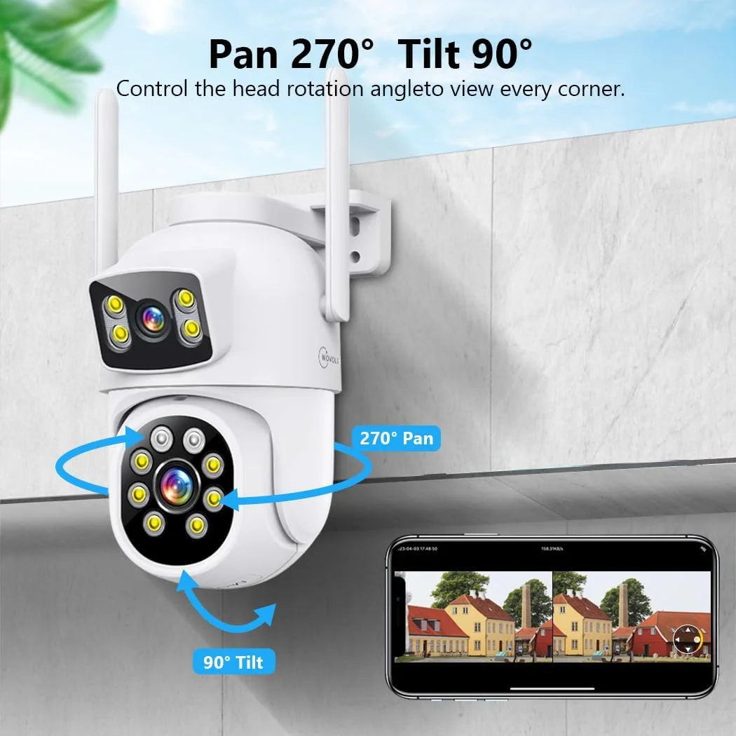 سیستم دوربین مداربسته بی‌سیم MOVOLS، وای‌فای 5G/2.4G، سیستم دوربین دو لنز 4MP+4MP هشت عددی، سیستم دوربین‌های گردان PTZ دام 2K HD با دید در شب رنگی، تشخیص حرکت، هارد دیسک 3 ترابایتی، 16 کانال