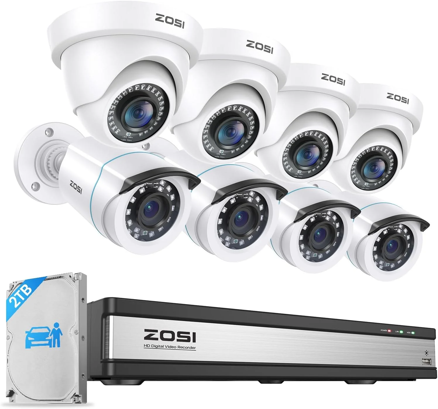 سیستم دوربین مداربسته امنیتی خانگی 16 کاناله ZOSI با کیفیت 1080p و قابلیت تشخیص انسان و وسیله نقلیه با هوش مصنوعی، شامل 8 دوربین ضد آب گلوله ای و دام با کیفیت 1080p مناسب فضای باز، دستگاه ضبط دیجیتال 16 کاناله H.265+ با هارد دیسک 2 ترابایتی، دید در شب و ارسال هشدار
