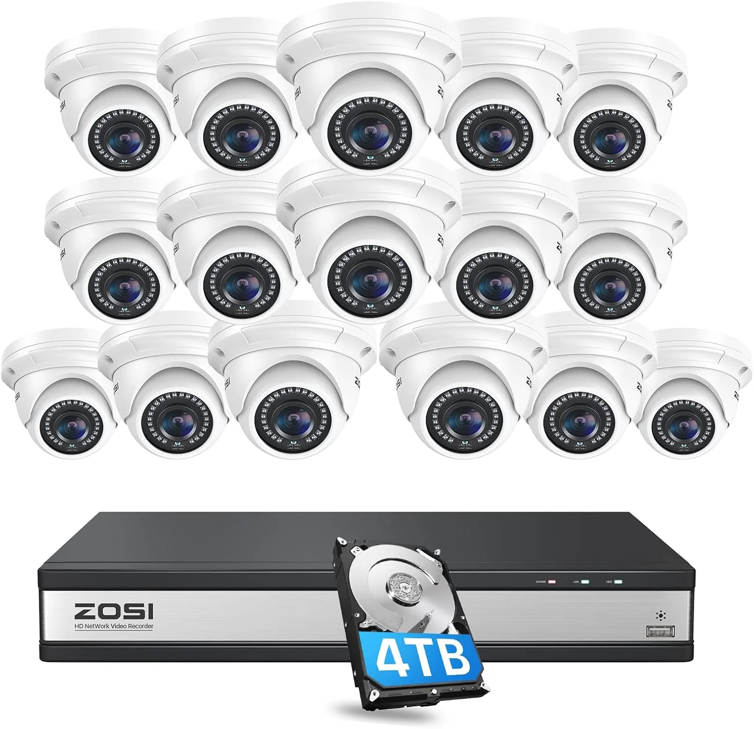 سیستم دوربین مداربسته تحت شبکه 16 کانال 4K زوسی، دستگاه ضبط NVR شانزده کاناله 8 مگاپیکسلی 4K H.265 با هارد دیسک 4 ترابایتی، 16 عدد دوربین دام تحت شبکه 5 مگاپیکسلی CCTV PoE مناسب فضای داخلی و خارجی، دید در شب 24 متری، دسترسی از راه دور برای کسب و کار خانگی ضبط 24/7