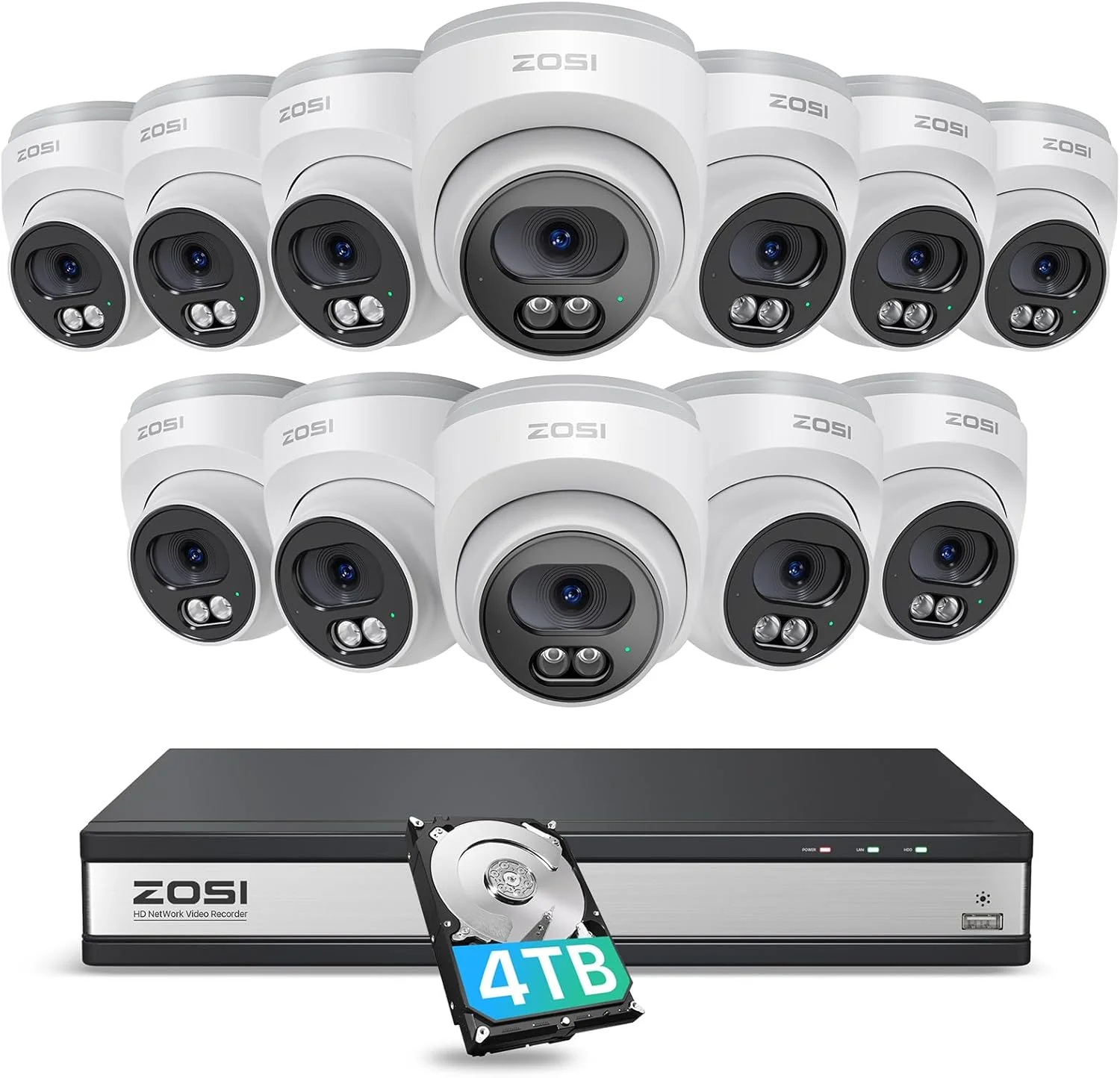 سیستم دوربین مداربسته خانگی تحت شبکه ZOSI C220 16CH 4K PoE، دستگاه ضبط NVR شانزده کاناله 8 مگاپیکسلی 4K با هارد دیسک 4 ترابایتی برای ضبط 24 ساعته، 12 عدد دوربین دام IP با کیفیت 4 مگاپیکسل (1440p) QHD 2.5K مناسب فضای داخلی و خارجی، تشخیص هوشمند انسان با هوش مصنوعی، صدای دو طرفه