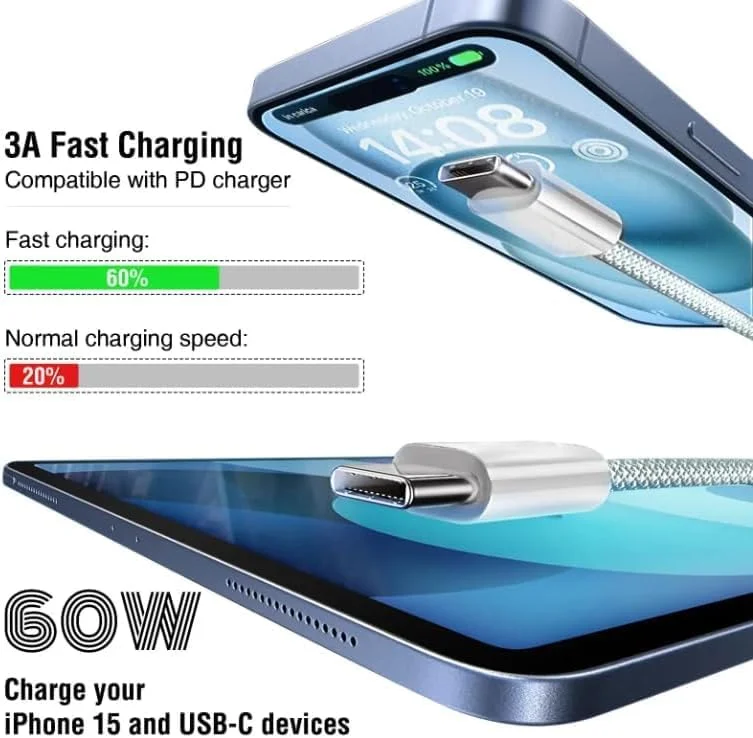 کابل USB C Type-C برای آیفون 17 پرو، 17 پرو مکس، 17 ایر، شارژ سریع، لوازم جانبی شارژر، 15، 16، 17 پرو/مکس 60 وات (1 متر) - تصویر 3 کابل USB C Type-C برای آیفون 17 پرو، 17 پرو مکس، 17 ایر، شارژ سریع، لوازم جانبی شارژر، 15، 16، 17 پرو/مکس 60 وات (1 متر) - تصویر 3