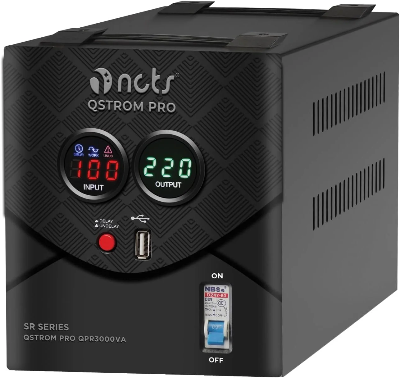 NCTS QSTROM PRO QPR3000VA (3000VA/2400W) تنظیم کننده ولتاژ اتوماتیک / تثبیت کننده اتوماتیک با عملکرد بالا / سیستم محافظت / نمایشگر LED / پورت USB / کنترل شده توسط CPU / برای تجهیزات خانه و دفتر