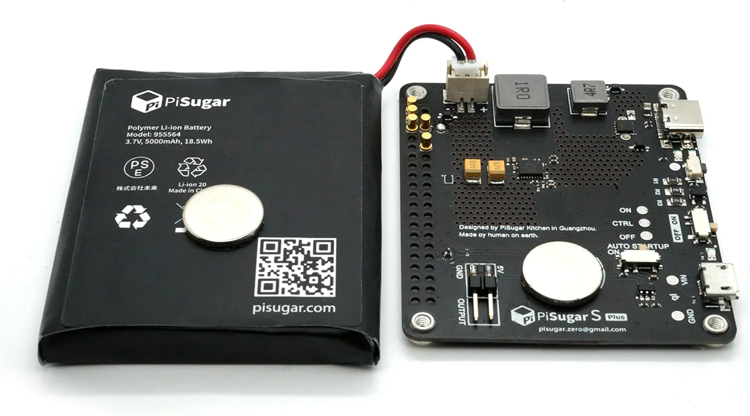 ماژول منبع تغذیه باتری لیتیومی قابل حمل PiSugar S Plus با ظرفیت 5000 میلی آمپر ساعت برای تمامی مدل های رزبری پای 3B/3B+/4B (بدون رزبری پای)