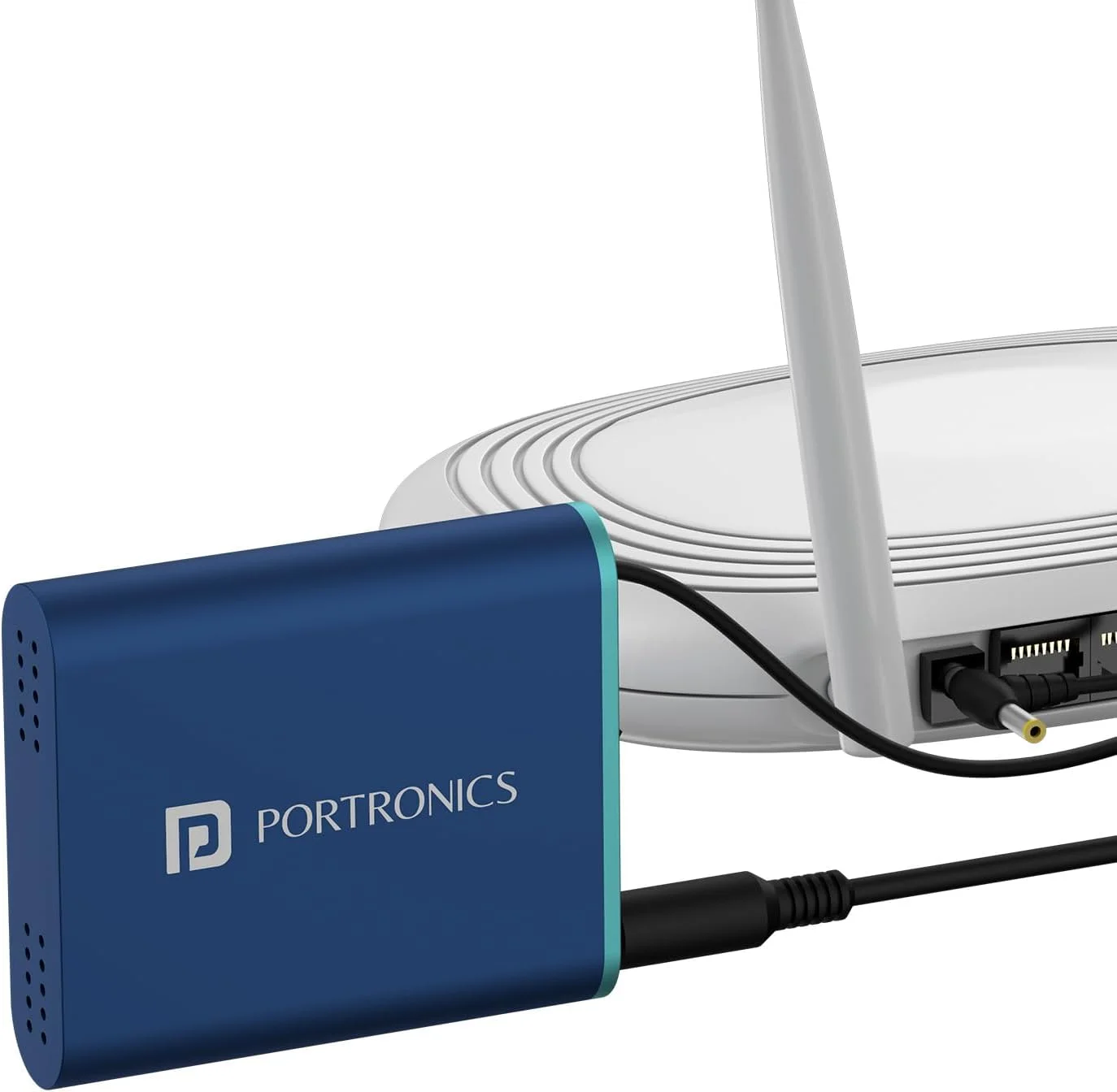 منبع تغذیه پشتیبان روتر کوچک پیشرفته پورتronics Power Plus برای مودم روتر وای فای 12 ولت DC، 4 ساعت پخش، پشتیبان برق روتر در هنگام قطع برق، محافظت در برابر نوسانات و تخلیه، منبع تغذیه قابل حمل (آبی)