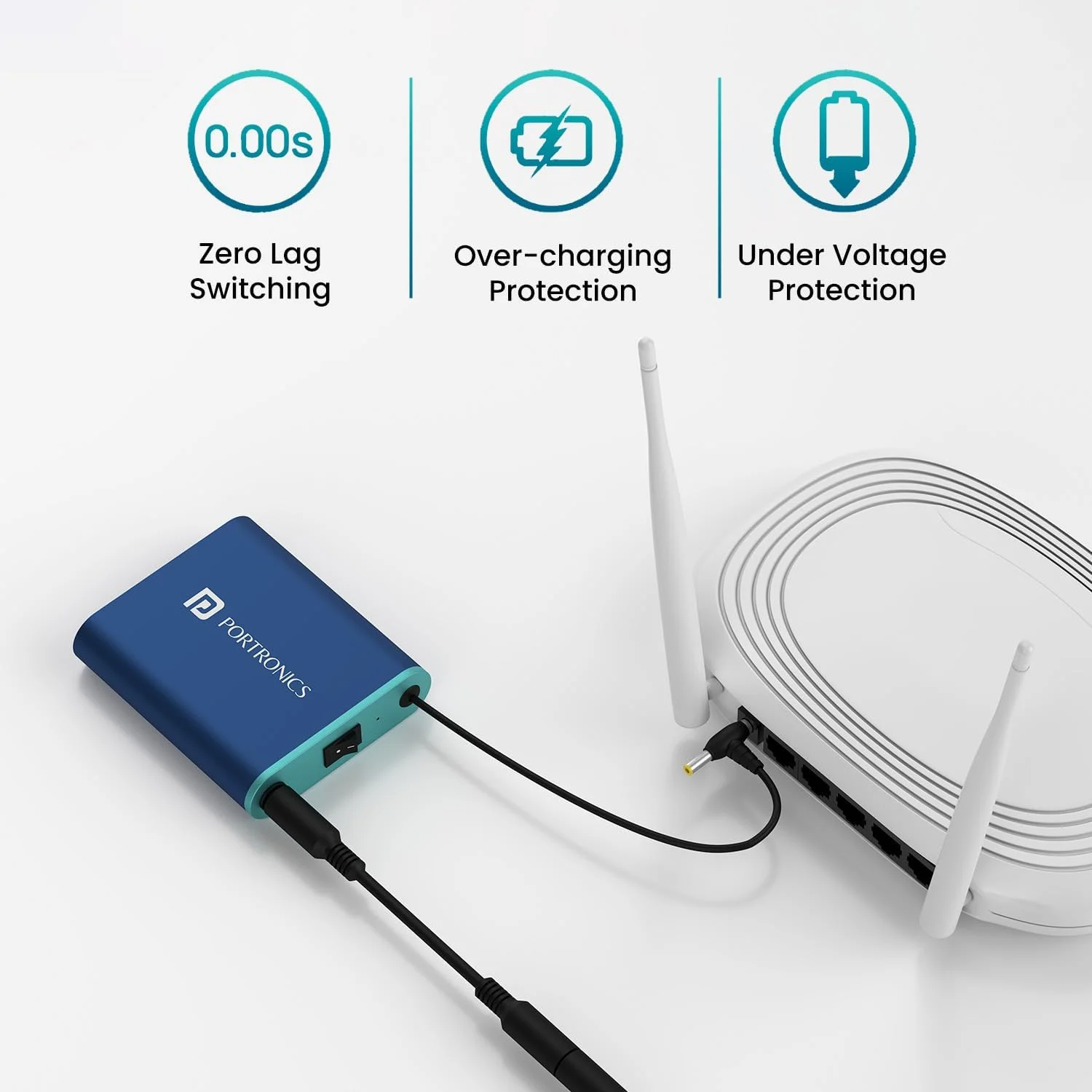 منبع تغذیه پشتیبان روتر کوچک پیشرفته پورتronics Power Plus برای مودم روتر وای فای 12 ولت DC، 4 ساعت پخش، پشتیبان برق روتر در هنگام قطع برق، محافظت در برابر نوسانات و تخلیه، منبع تغذیه قابل حمل (آبی) - تصویر 3