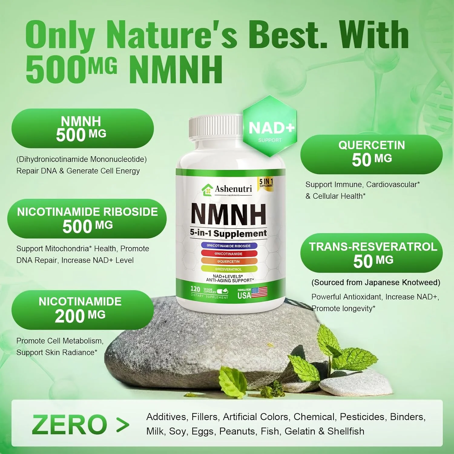 مکمل NMNH (دی‌هیدرونیکوتینامید مونونوکلئوتید)، جایگزین NMN با نیاسینامید (ویتامین B3)، کوئرستین، ترانس-رسوراترول، پشتیبانی NAD+، سلولیت پوست