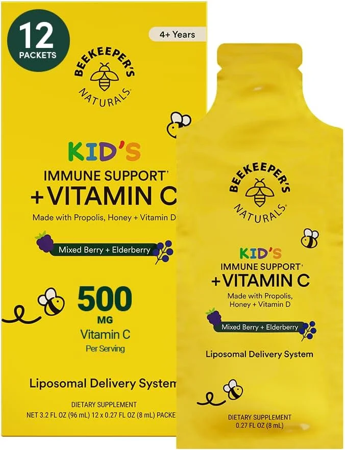 ویتامین C لیپوزومال کودکان Beekeeper's Naturals، 500 میلی گرم ویتامین C، الدربری، ویتامین D، پروپولیس و عسل - عالی برای تقویت سیستم ایمنی کودکان - طعم بری