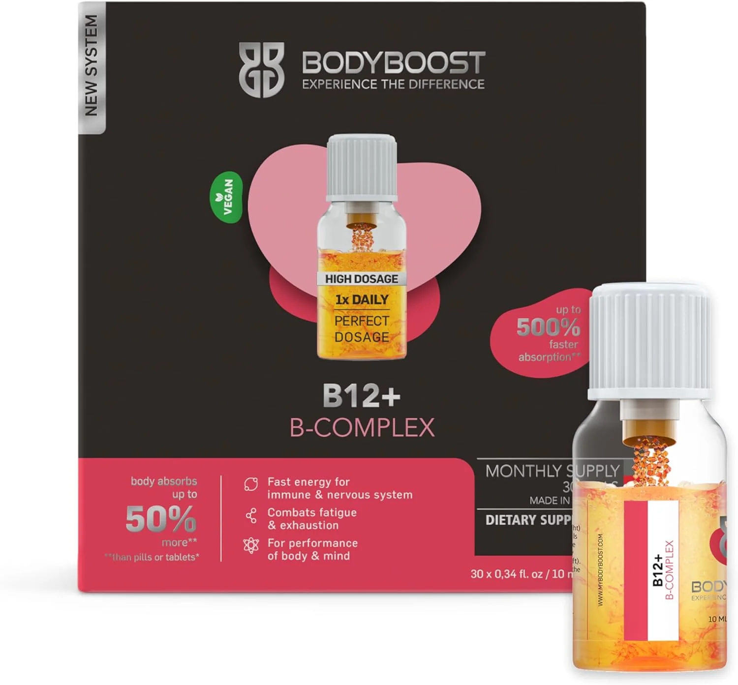 مکمل ب۱۲ + کمپلکس ب Bodyboost حاوی ۸ ویتامین ضروری گروه ب | ۵۰۰ میکروگرم ویتامین ب۱۲ | سیستم Twist and Mix™ برای جذب بهینه | وگان | ۳۰ ویال (هر کدام ۱۰ میلی لیتر)
