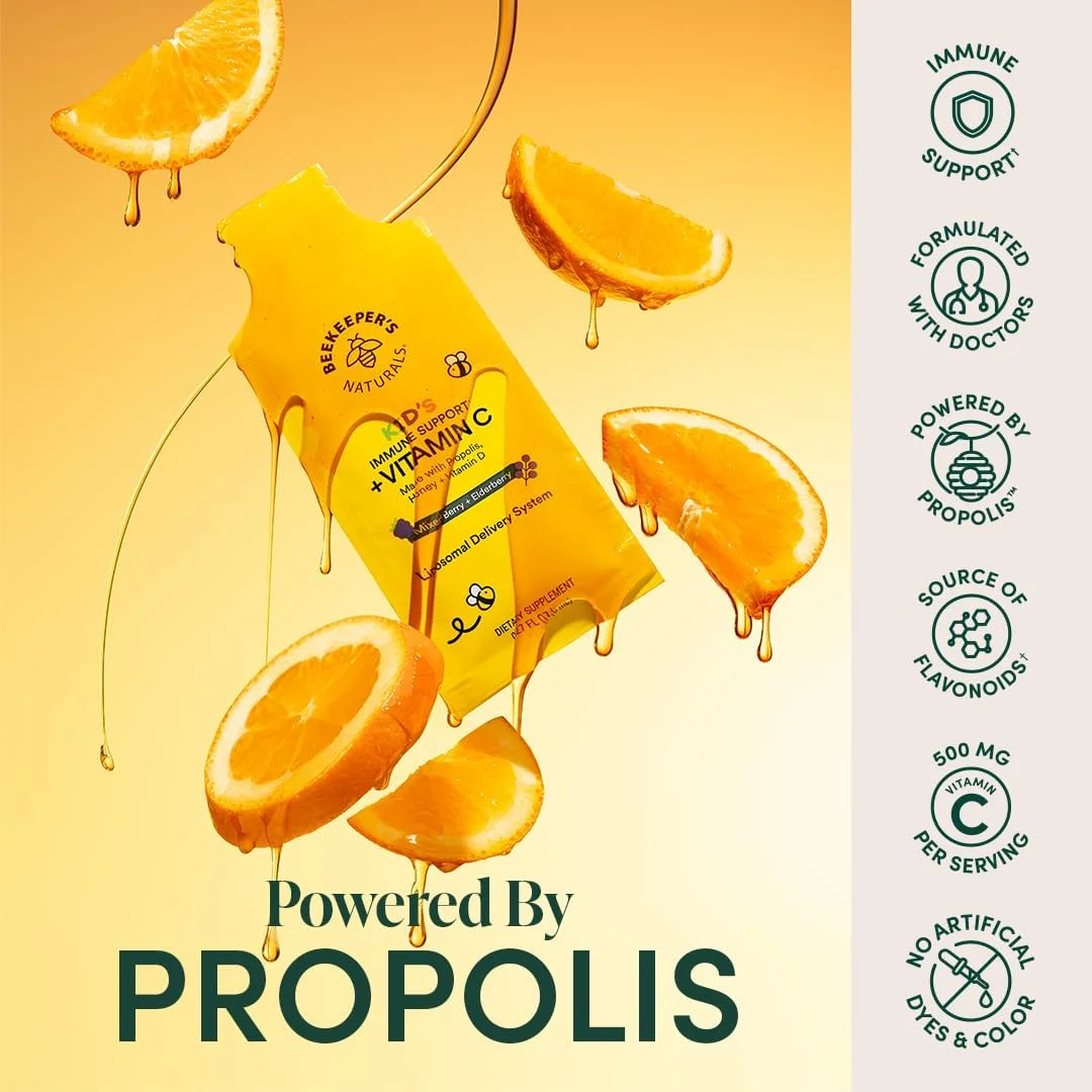 ویتامین C لیپوزومال کودکان Beekeeper's Naturals، 500 میلی گرم ویتامین C، الدربری، ویتامین D، پروپولیس و عسل - عالی برای تقویت سیستم ایمنی کودکان - طعم بری