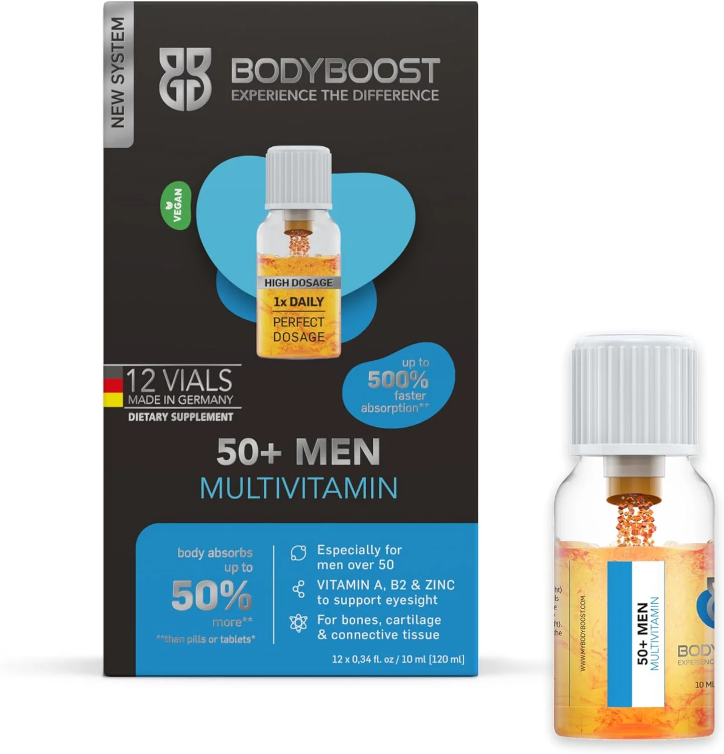 مولتی ویتامین آقایان بالای 50 سال Bodyboost 50+ | سلامتی، انرژی و شادابی در مردان بالای 50 سال | سیستم Twist and Mix™ برای جذب سریع | وگان، بدون گلوتن و لاکتوز | 12 ویال