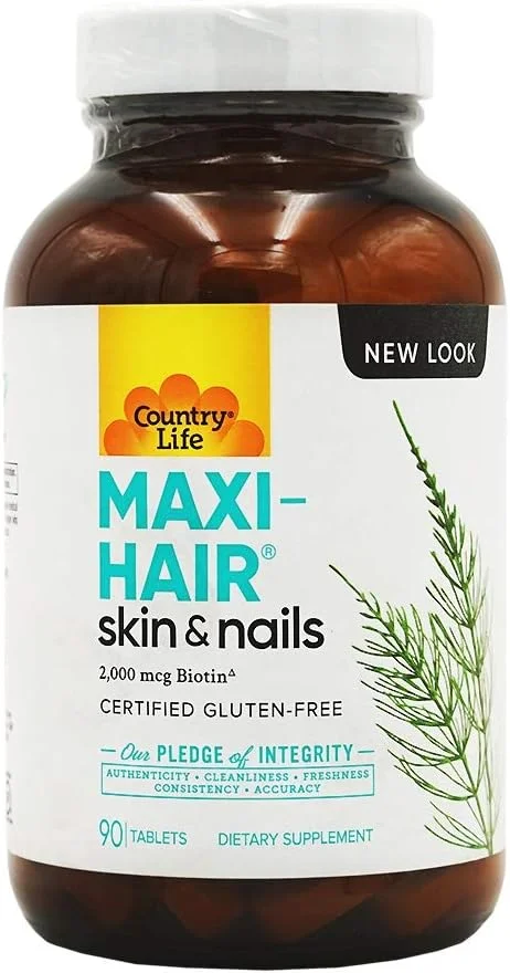 مکمل مو، پوست و ناخن Country Life Maxi-Hair، حاوی 2000 میکروگرم بیوتین، فاقد PABA، 90 قرص