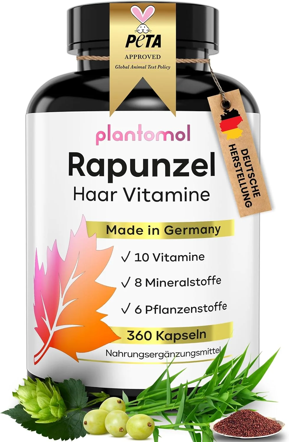 کپسول های ویتامین مو Plantomol Rapunzel - 360 عدد - 24 ماده تشکیل دهنده از جمله بیوتین با دوز بالا 10000 میکروگرم، ارزن و سیلیکون - تامین 6 ماهه - کپسول های گیاهی برای پوست، مو و ناخن