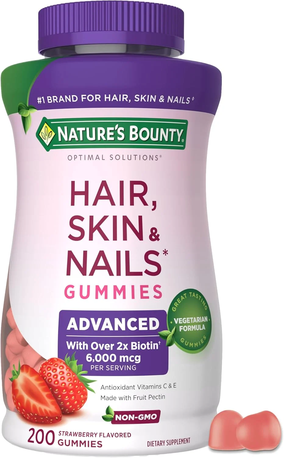 پاستیل پکتین پیشرفته مو، پوست و ناخن Nature’s Bounty Optimal Solutions، حاوی 2 برابر بیوتین در هر وعده، بدون چسبندگی، فرمول گیاهی، طعم توت فرنگی، 200 عدد، 100 وعده در مجموع