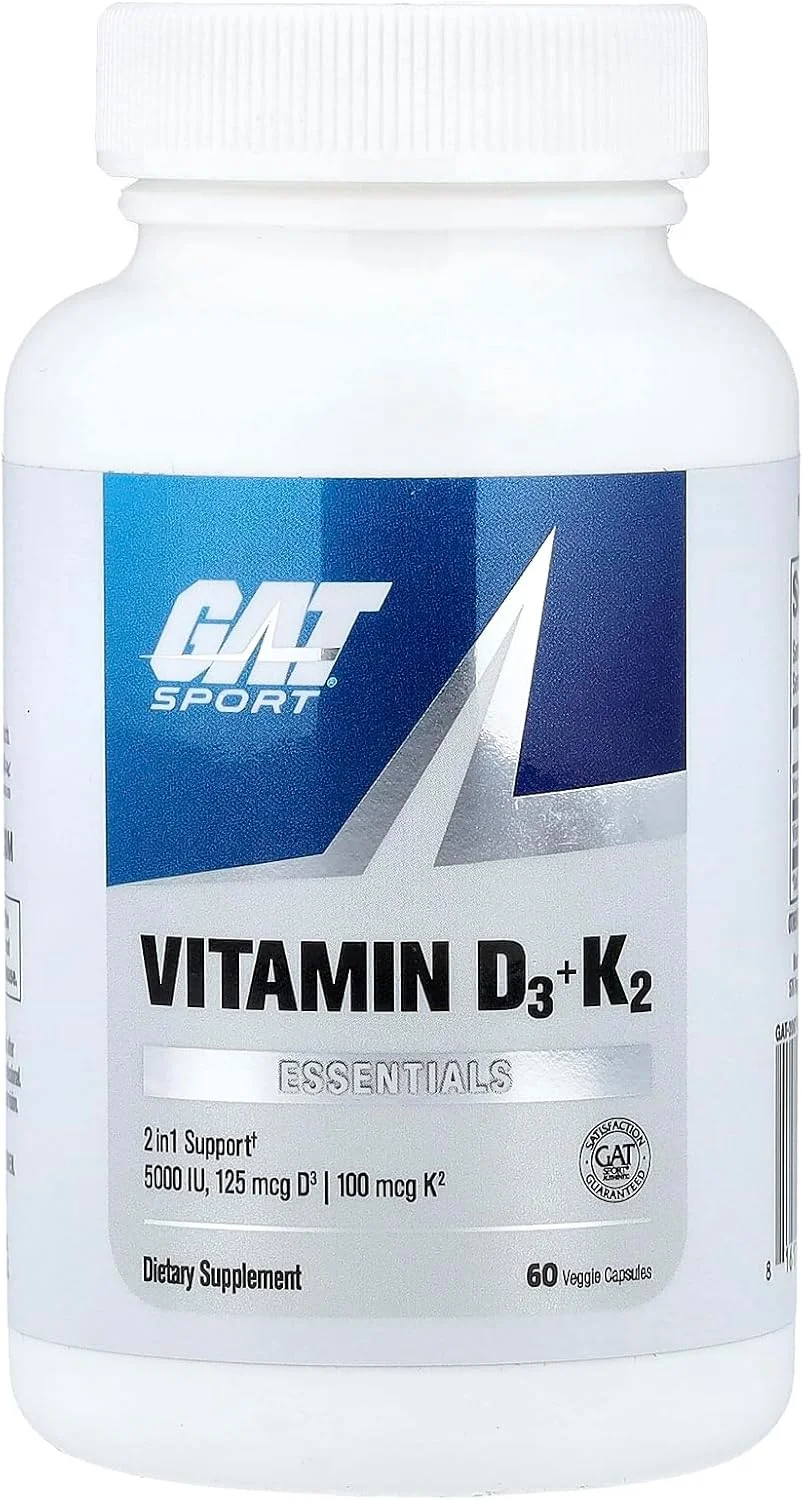 GAT SPORT ویتامین D3 K2، 5000 واحد بین المللی (125 میکروگرم) ویتامین D، تامین 60 روزه، مکمل غذایی برای حمایت از سلامت استخوان، دندان، عضله و سیستم ایمنی، 60 کپسول گیاهی