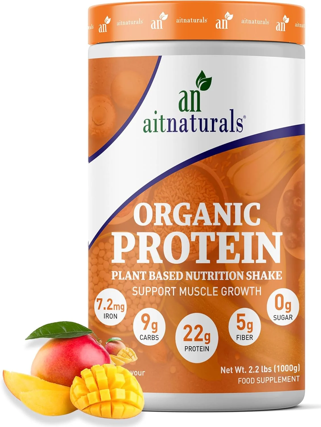پودر پروتئین ارگانیک Aitnaturals (۱ کیلوگرم) - طعم انبه (۲۵ سروینگ) ۱ پیمانه - ۳۹ گرم | تقویت رشد عضلات، ریکاوری و پشتیبانی از تمرین، بهینه سازی قدرت و عملکرد، ایده آل برای اسموتی ها و شیک ها