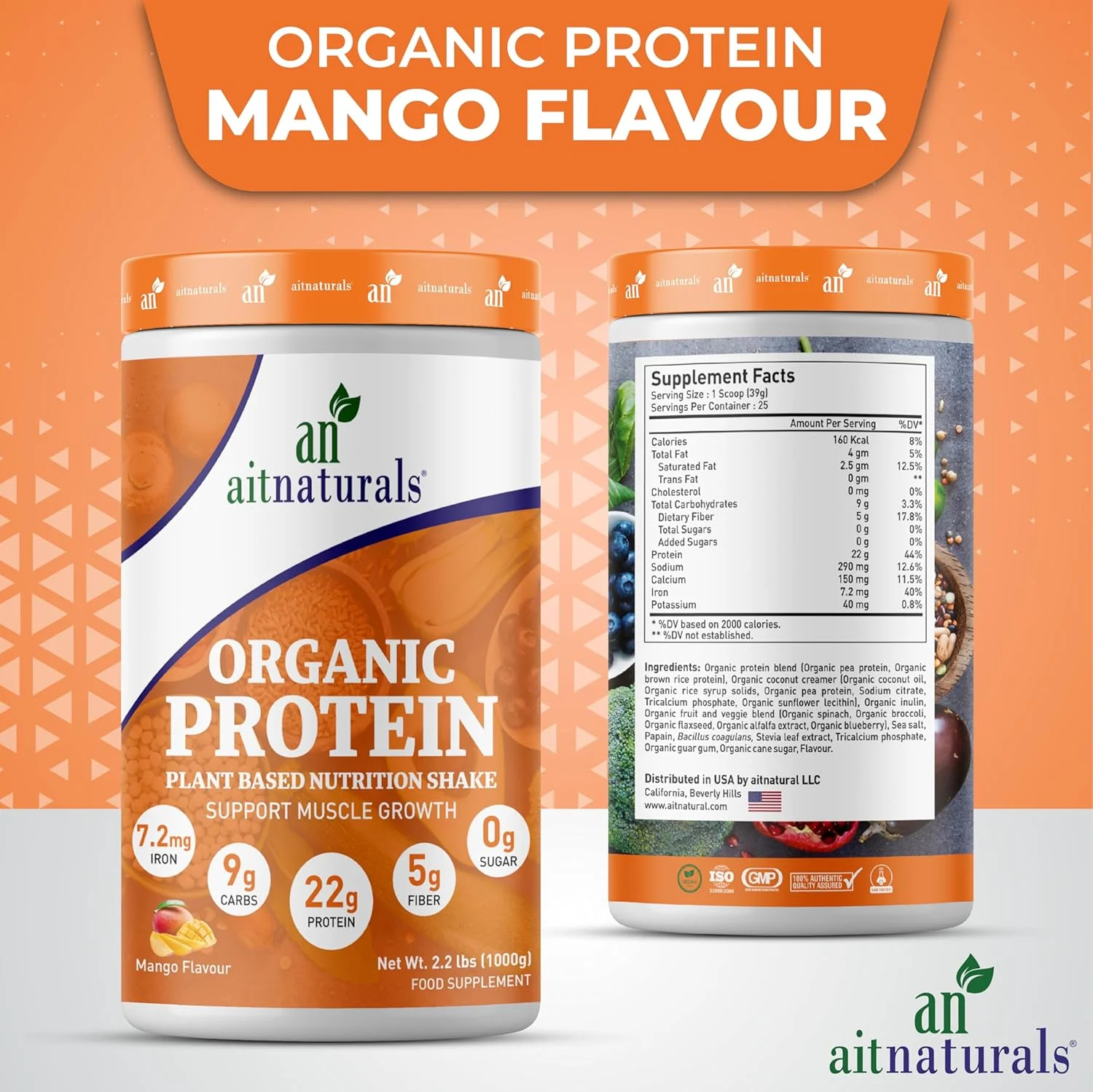 پودر پروتئین ارگانیک Aitnaturals (۱ کیلوگرم) - طعم انبه (۲۵ سروینگ) ۱ پیمانه - ۳۹ گرم | تقویت رشد عضلات، ریکاوری و پشتیبانی از تمرین، بهینه سازی قدرت و عملکرد، ایده آل برای اسموتی ها و شیک ها