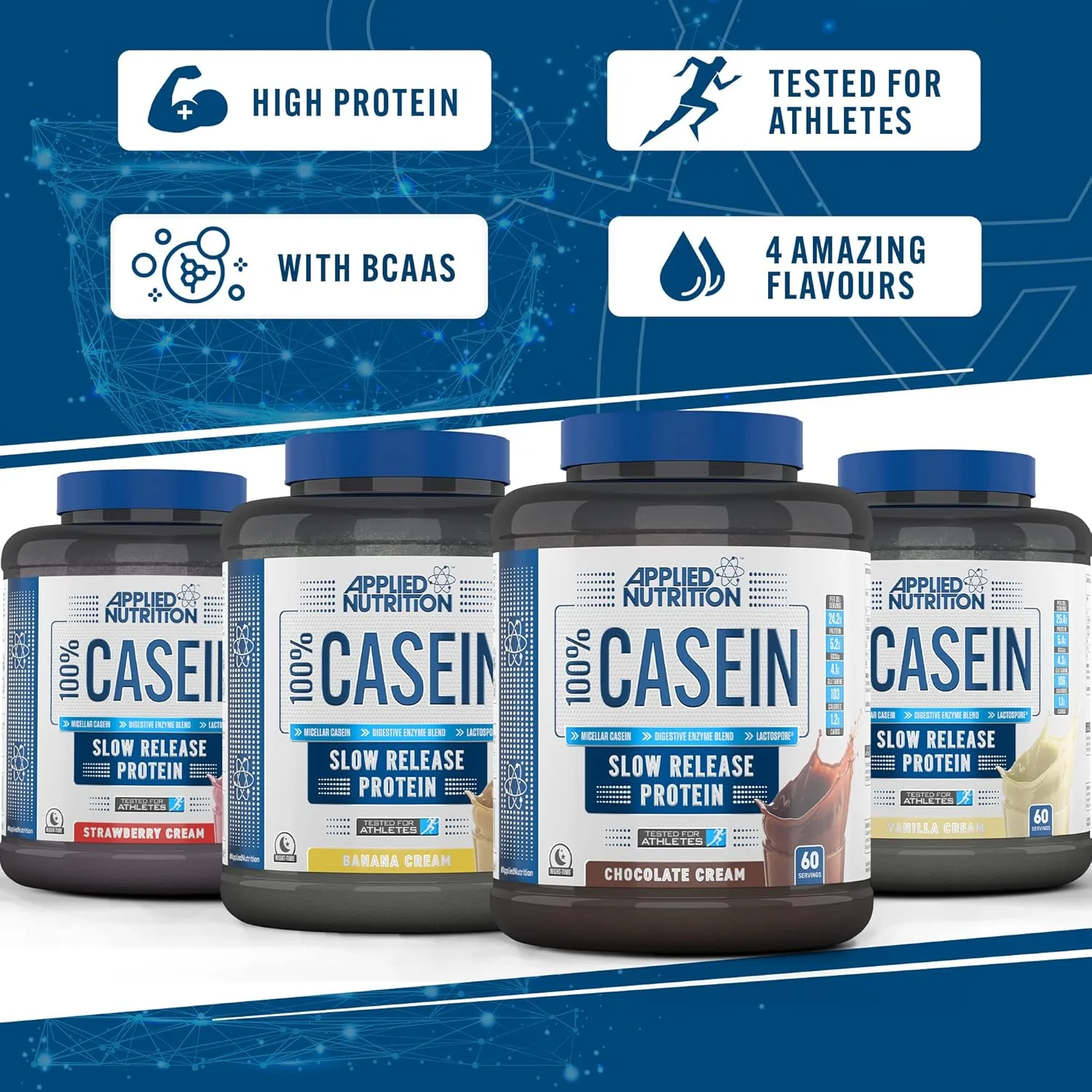 پودر پروتئین کازئین Applied Nutrition - مکمل کازئین میسلار، پروتئین با رهش آهسته (1.8 کیلوگرم - 60 سروینگ) (کرم توت فرنگی)