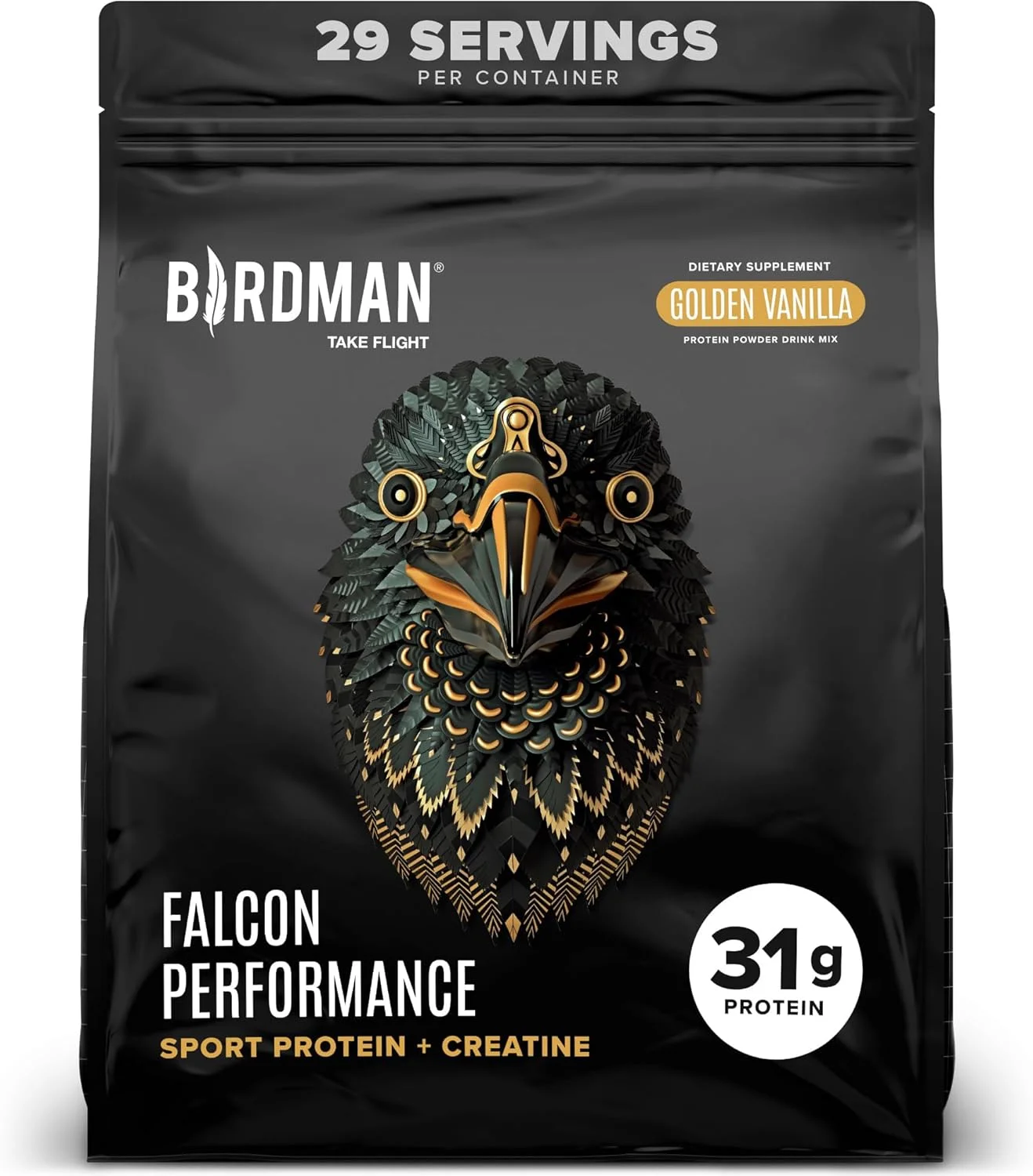 پودر پروتئین ورزشی ممتاز BIRDMAN Falcon به همراه کراتین، 31 گرم پروتئین و 5 گرم کراتین در هر وعده، بدون التهاب، بدون آکنه، طعم وانیل طلایی | 3 پوند