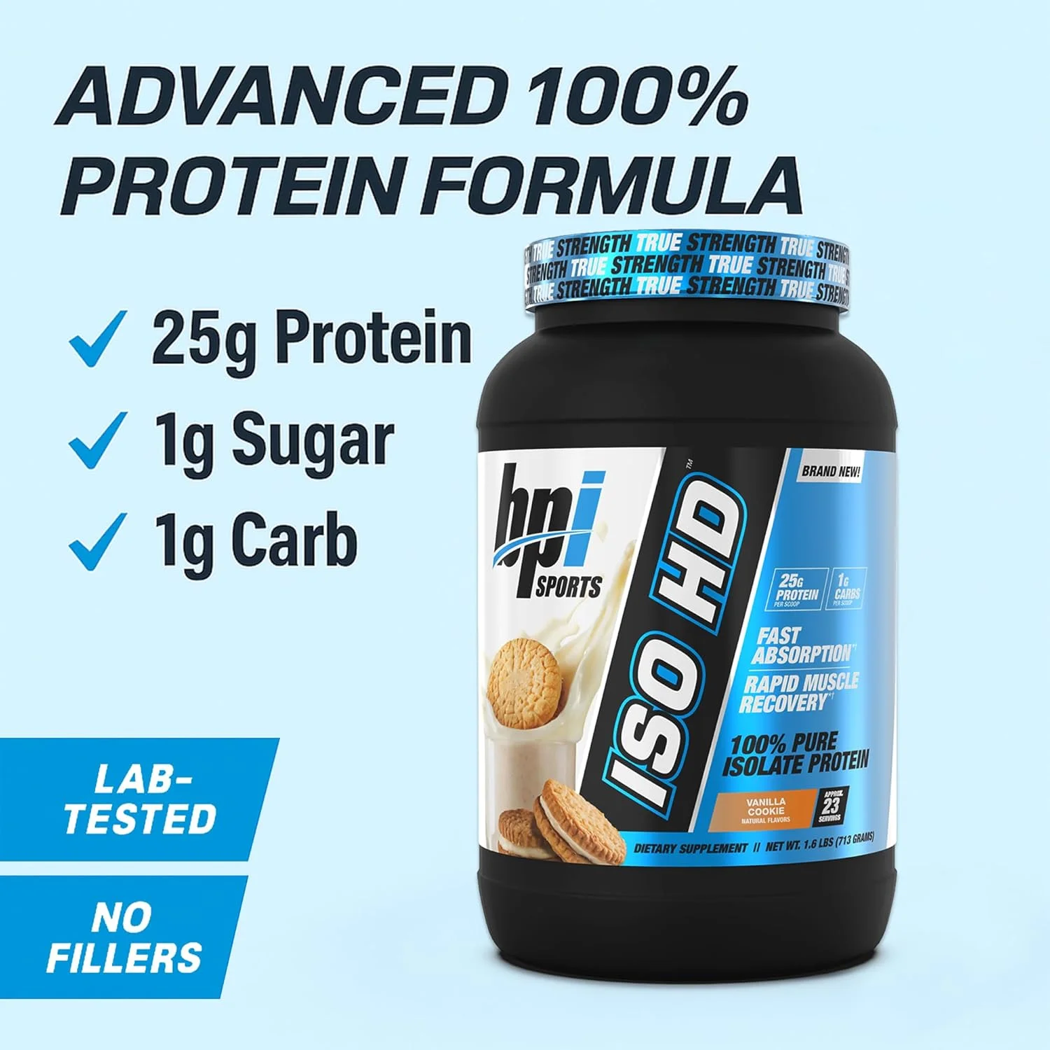 پروتئین وی ایزوله BPI Sports Iso Hd – 100% – رشد عضلات، ریکاوری، کاهش وزن، جایگزین وعده غذایی – بدون شکر، کم کربوهیدرات، کم کالری – برای آقایان و بانوان – وانیلی کوکی، 726 گرم