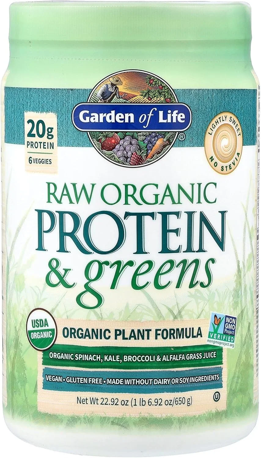 پروتئین ارگانیک و سبزیجات Garden of Life، طعم شیرین ملایم، پودر پروتئین وگان برای زنان و مردان، پروتئین گیاهی و نخود، سبزیجات، پروبیوتیک ها، فاقد گلوتن، شیک کم کربوهیدرات بدون لبنیات، 20 سروینگ