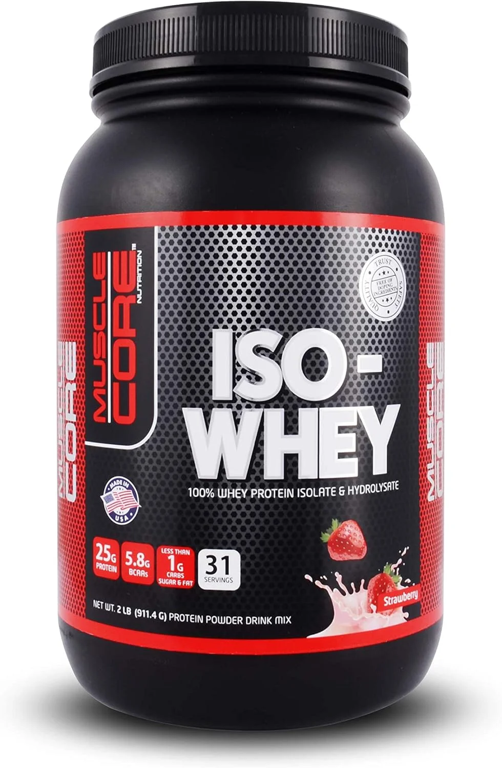 ایزو وی پروتئین با طعم توت فرنگی Muscle Core Nutrition، 911.4 گرم (2 پوند) | 25 گرم پروتئین، 5.8 گرم بی سی ای ای، کمتر از 1 گرم کربوهیدرات | ترکیبی از پروتئین وی ایزوله و هیدرولیز سریع الاثر | بدون گلوتن