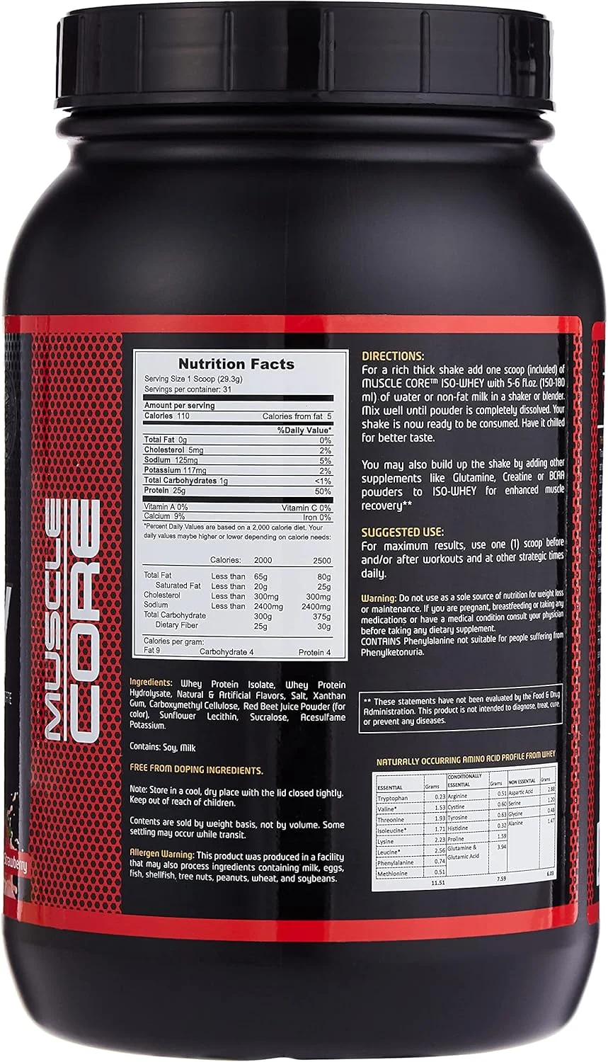 ایزو وی پروتئین با طعم توت فرنگی Muscle Core Nutrition، 911.4 گرم (2 پوند) | 25 گرم پروتئین، 5.8 گرم بی سی ای ای، کمتر از 1 گرم کربوهیدرات | ترکیبی از پروتئین وی ایزوله و هیدرولیز سریع الاثر | بدون گلوتن