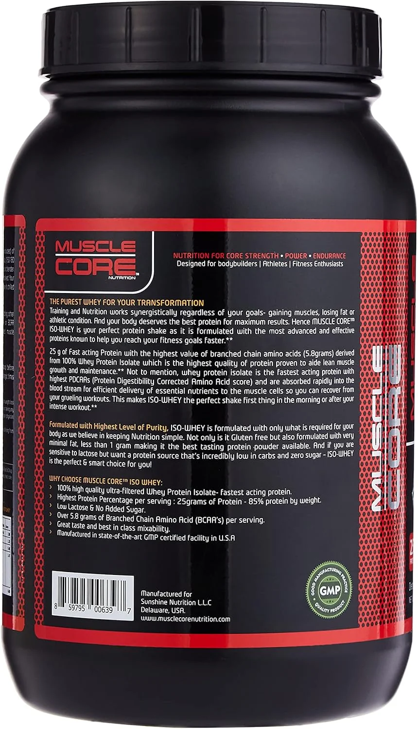 ایزو وی پروتئین با طعم توت فرنگی Muscle Core Nutrition، 911.4 گرم (2 پوند) | 25 گرم پروتئین، 5.8 گرم بی سی ای ای، کمتر از 1 گرم کربوهیدرات | ترکیبی از پروتئین وی ایزوله و هیدرولیز سریع الاثر | بدون گلوتن