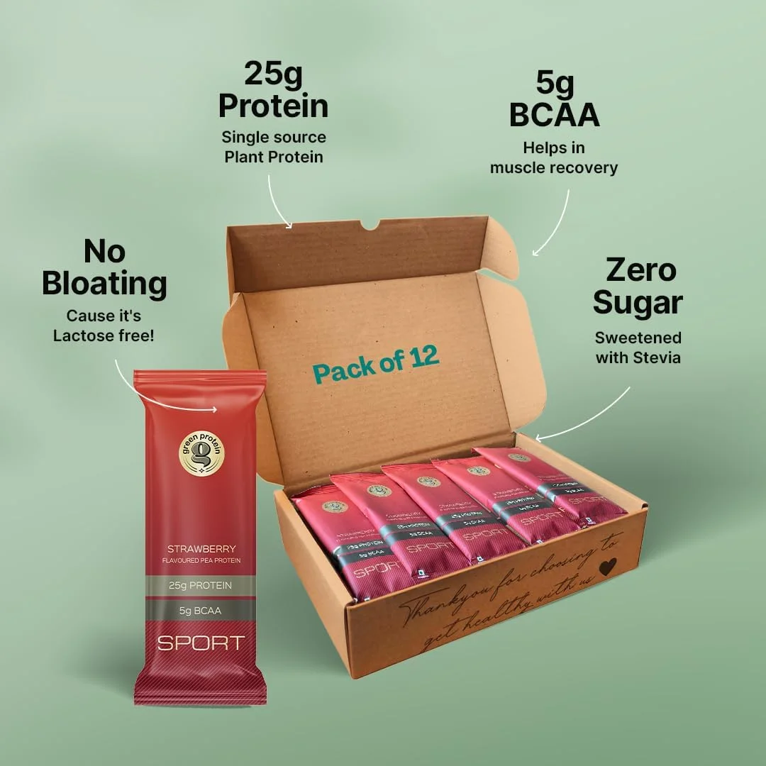 پودر پروتئین نخود فرنگی ایزوله ورزشی GREEN PROTEIN، ۱۰۰٪ گیاهی، ۲۵ گرم پروتئین گیاهی، ۵ گرم BCAA در هر وعده | توت فرنگی وحشی (بسته ۱۲ عددی)