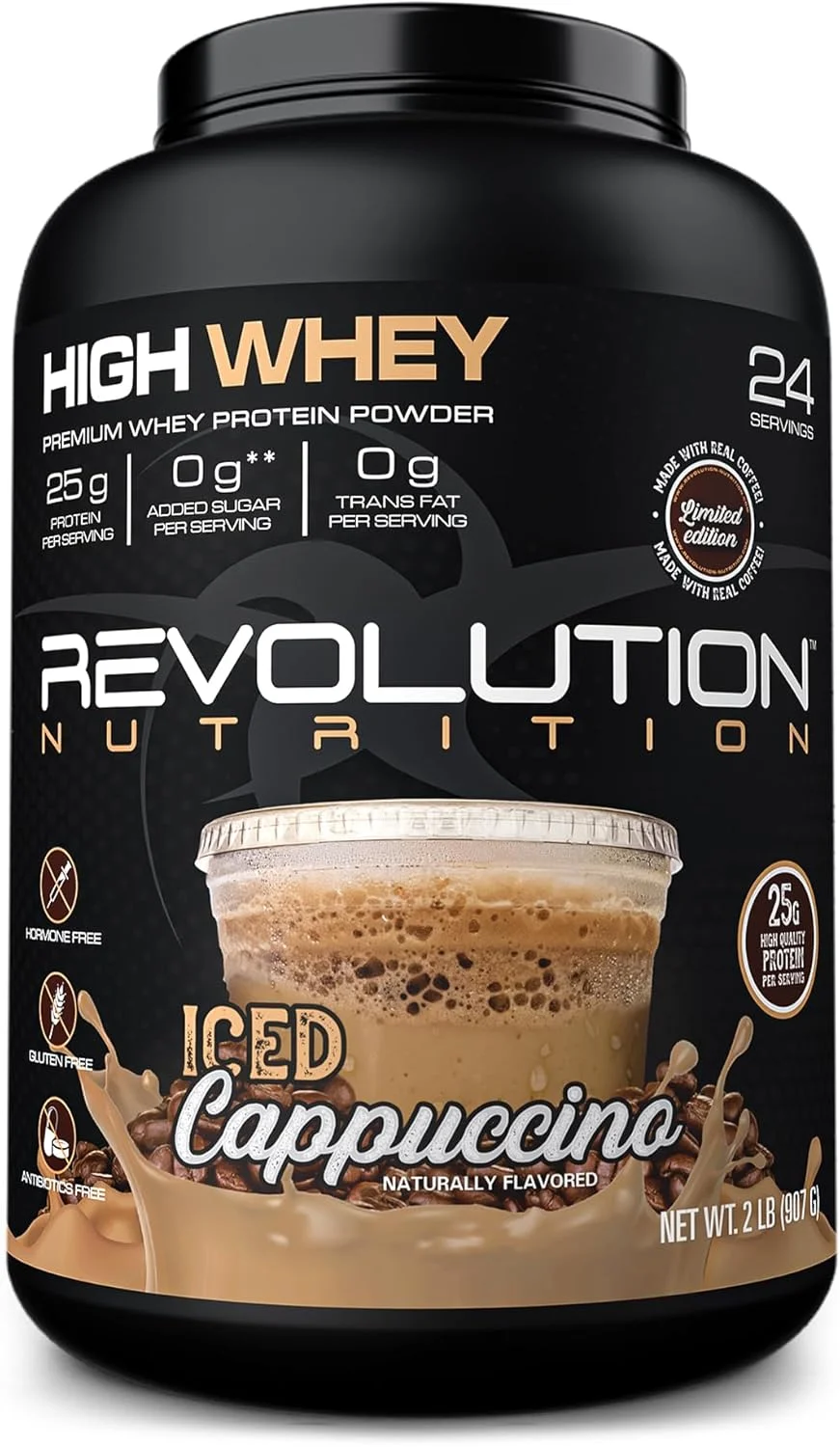 Revolution Nutrition, High Whey، پودر پروتئین 2 پوندی، وی ایزوله، بدون گلوتن، توده عضلانی بدون چربی برای مردان و زنان، 25 گرم پروتئین در هر پیمانه، 908 گرم، 24 سروینگ (کاپوچینو یخ زده، 2 پوند)