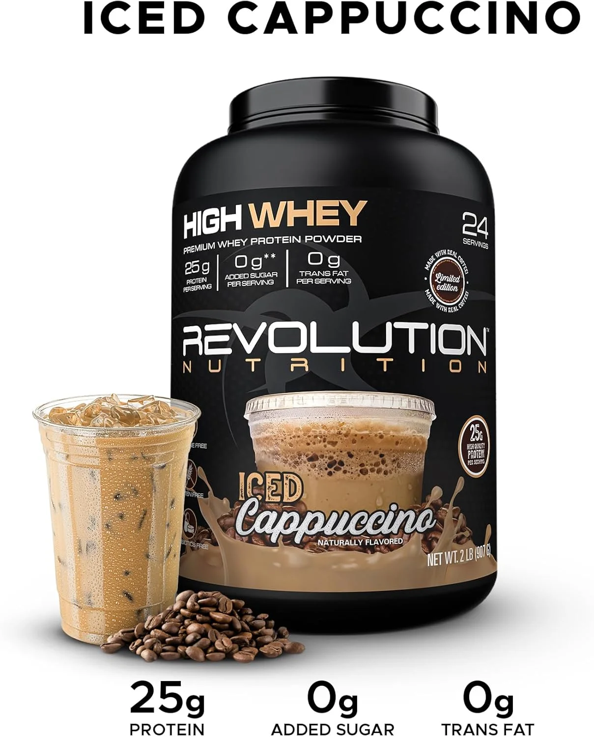 Revolution Nutrition, High Whey، پودر پروتئین 2 پوندی، وی ایزوله، بدون گلوتن، توده عضلانی بدون چربی برای مردان و زنان، 25 گرم پروتئین در هر پیمانه، 908 گرم، 24 سروینگ (کاپوچینو یخ زده، 2 پوند)