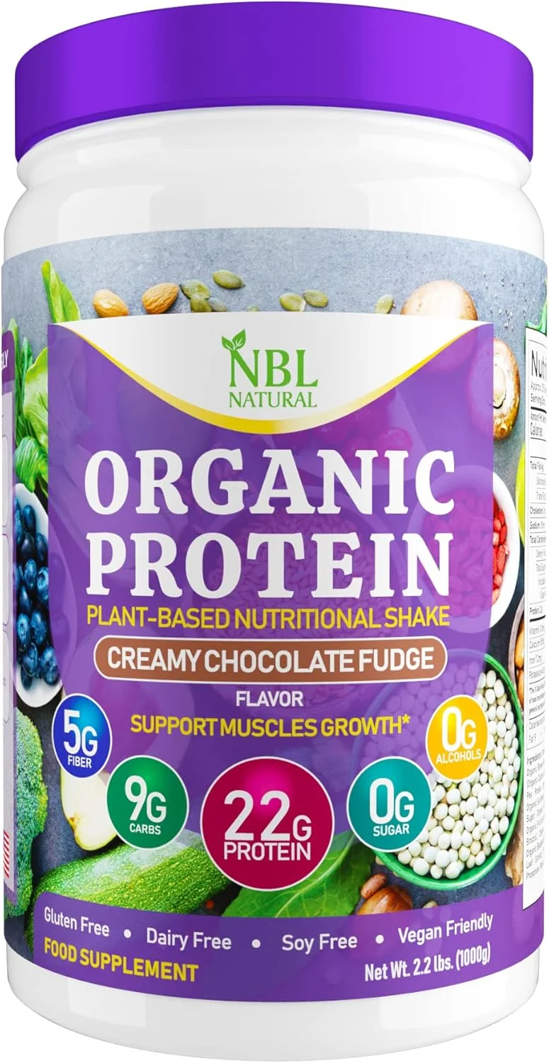 پودر پروتئین گیاهی ارگانیک NBL NATURAL، پودر پروتئین وگان برای آقایان و بانوان، 22 گرم پروتئین در هر وعده، بدون گلوتن، بدون لاکتوز، بدون شکر افزوده، فاج شکلاتی خامه‌ای، 2.2 پوند، 25 وعده