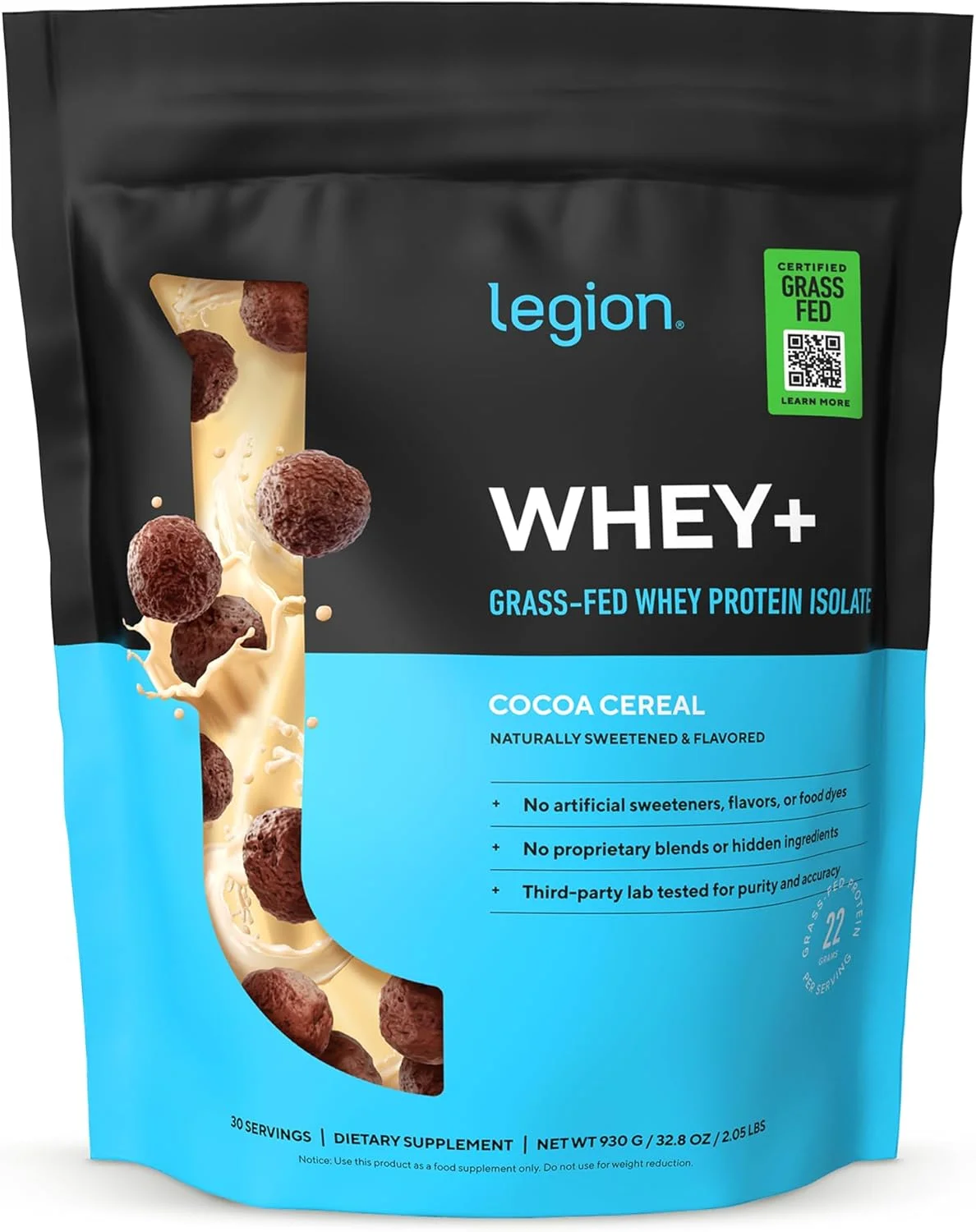 پودر پروتئین وی ایزوله LEGION Whey+ از گاوهای تغذیه شده با علف - کم کربوهیدرات، کم کالری، غیر GMO، بدون لاکتوز، بدون گلوتن، بدون شکر، پروتئین وی ایزوله کاملا طبیعی 30 سروینگ (غلات کاکائویی)
