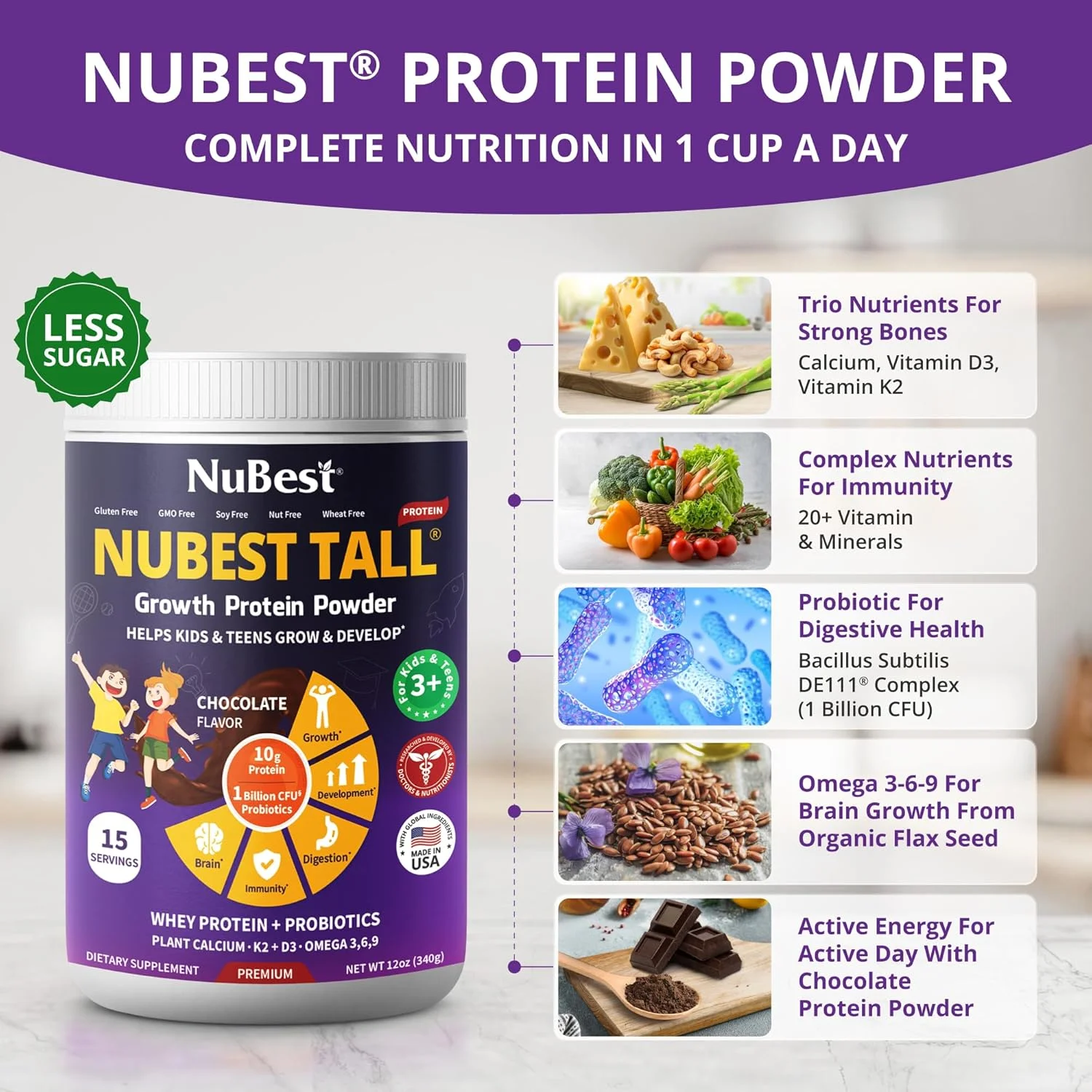 پودر پروتئین رشد قد NuBest Tall - کمک به رشد و توسعه کودکان و نوجوانان - 15 سروینگ - طعم شکلاتی (بسته 1 عددی)