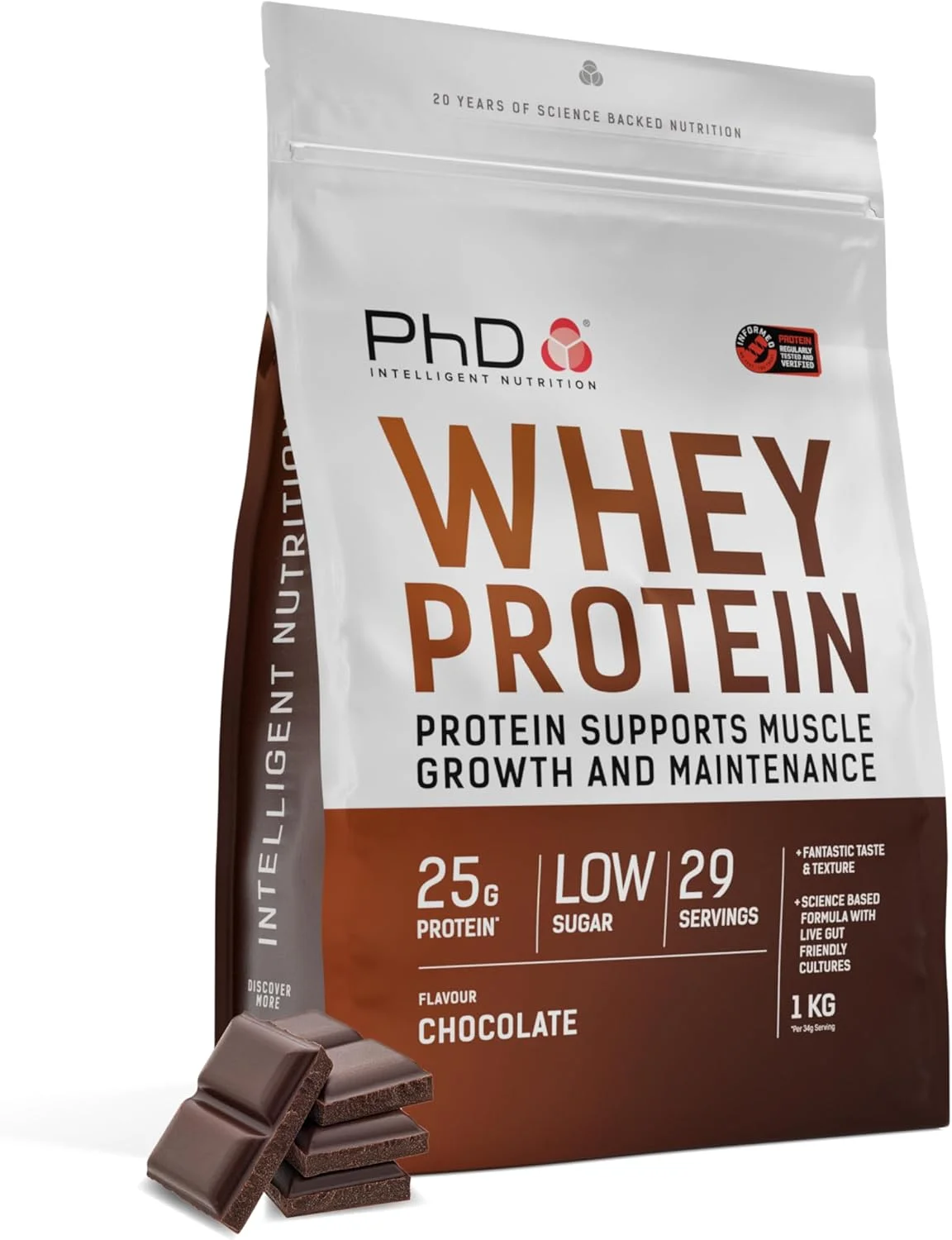 پودر پروتئین وی PhD Nutrition شکلاتی 1 کیلوگرمی - با 25 گرم پروتئین در هر وعده، غنی شده با کشت های مناسب