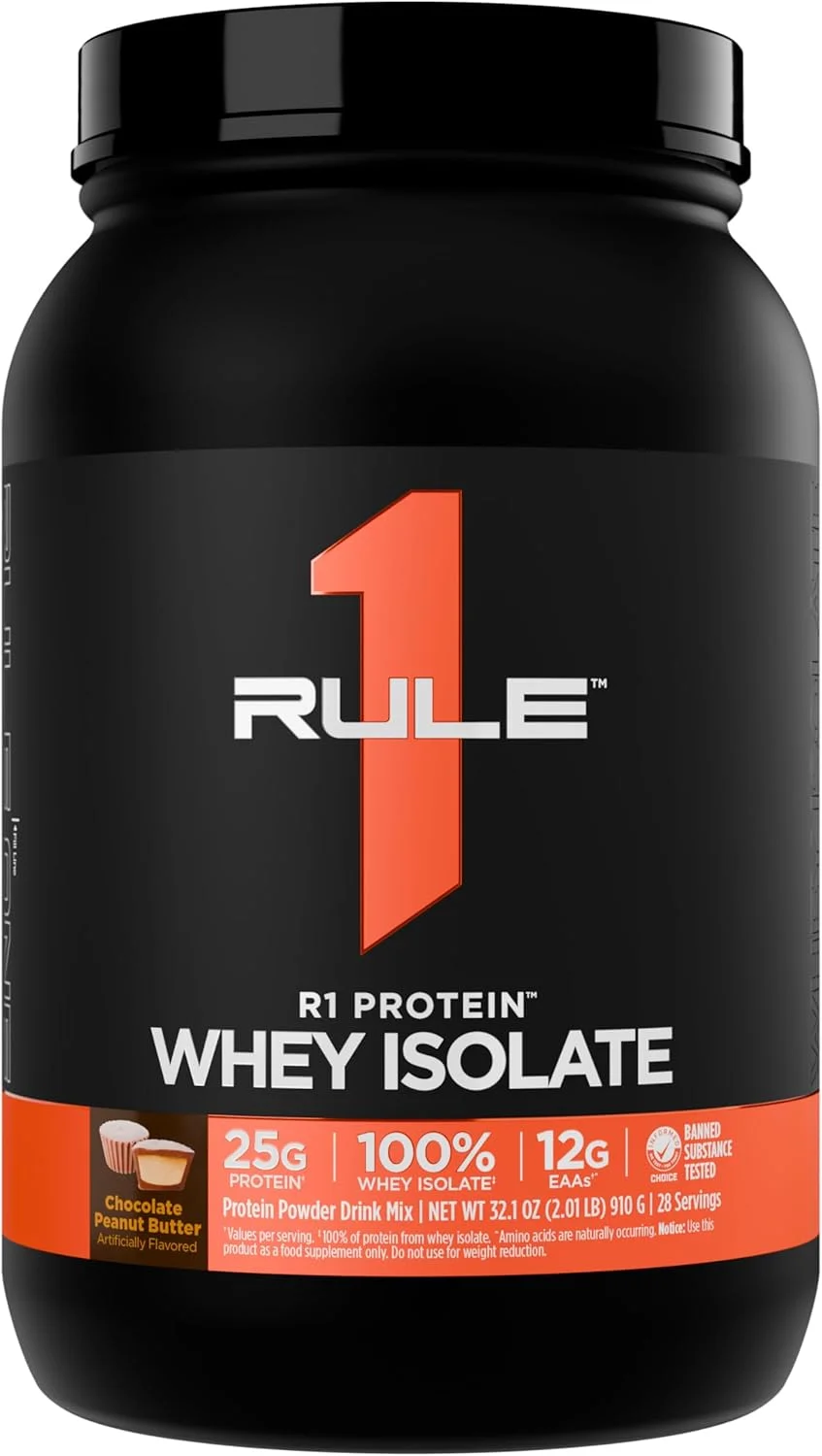 پروتئین وی ایزوله Rule 1 R1 - حاوی 25 گرم پروتئین و 6 گرم BCAA منحصراً از منابع ایزوله و هیدرولیز شده برای ریکاوری تمرین (حدود 900 گرم، کره بادام زمینی شکلاتی)