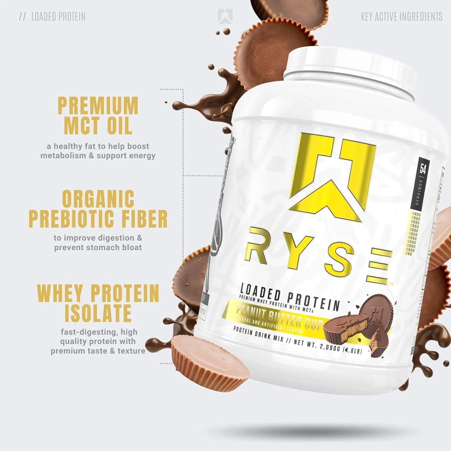 پروتئین وی لودد RYSE Up Supplements، (شکلات کره بادام زمینی، 54 سروینگ)، پروتئین وی ممتاز، 25 گرم پروتئین، وی ایزوله، فیبر پری‌بیوتیک، MCTs، هضم آسان