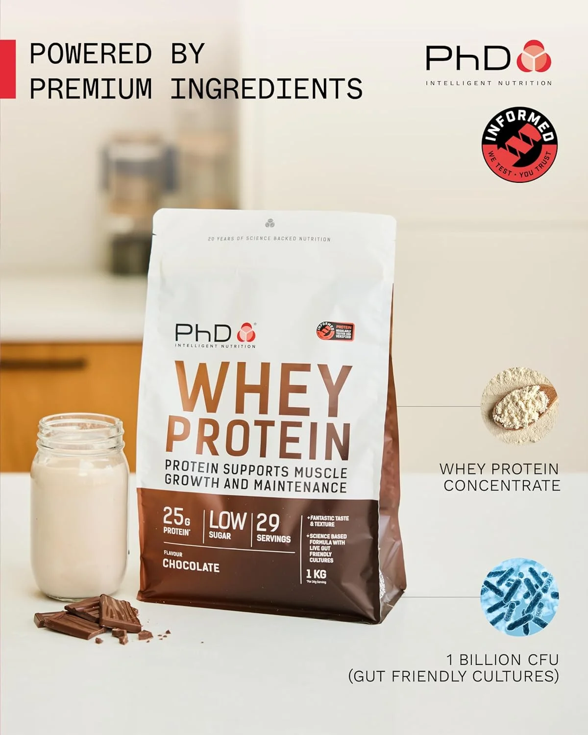 پودر پروتئین وی PhD Nutrition شکلاتی 1 کیلوگرمی - با 25 گرم پروتئین در هر وعده، غنی شده با کشت های مناسب