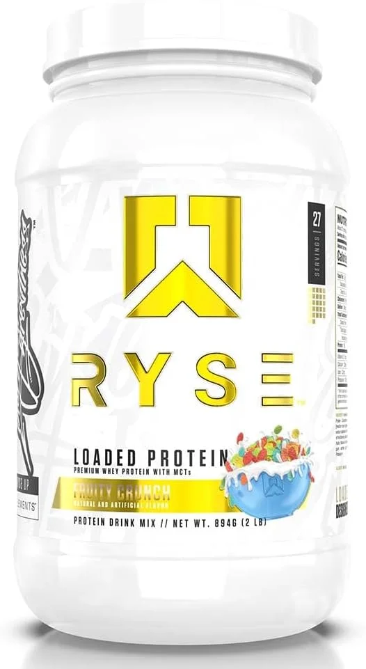 پروتئین وی بارگیری شده RYSE Up Supplements، (کرانچ میوه ای، 27 سروینگ)، پروتئین وی ممتاز، 25 گرم پروتئین، وی ایزوله، فیبر پری بیوتیک، MCTs، هضم آسان