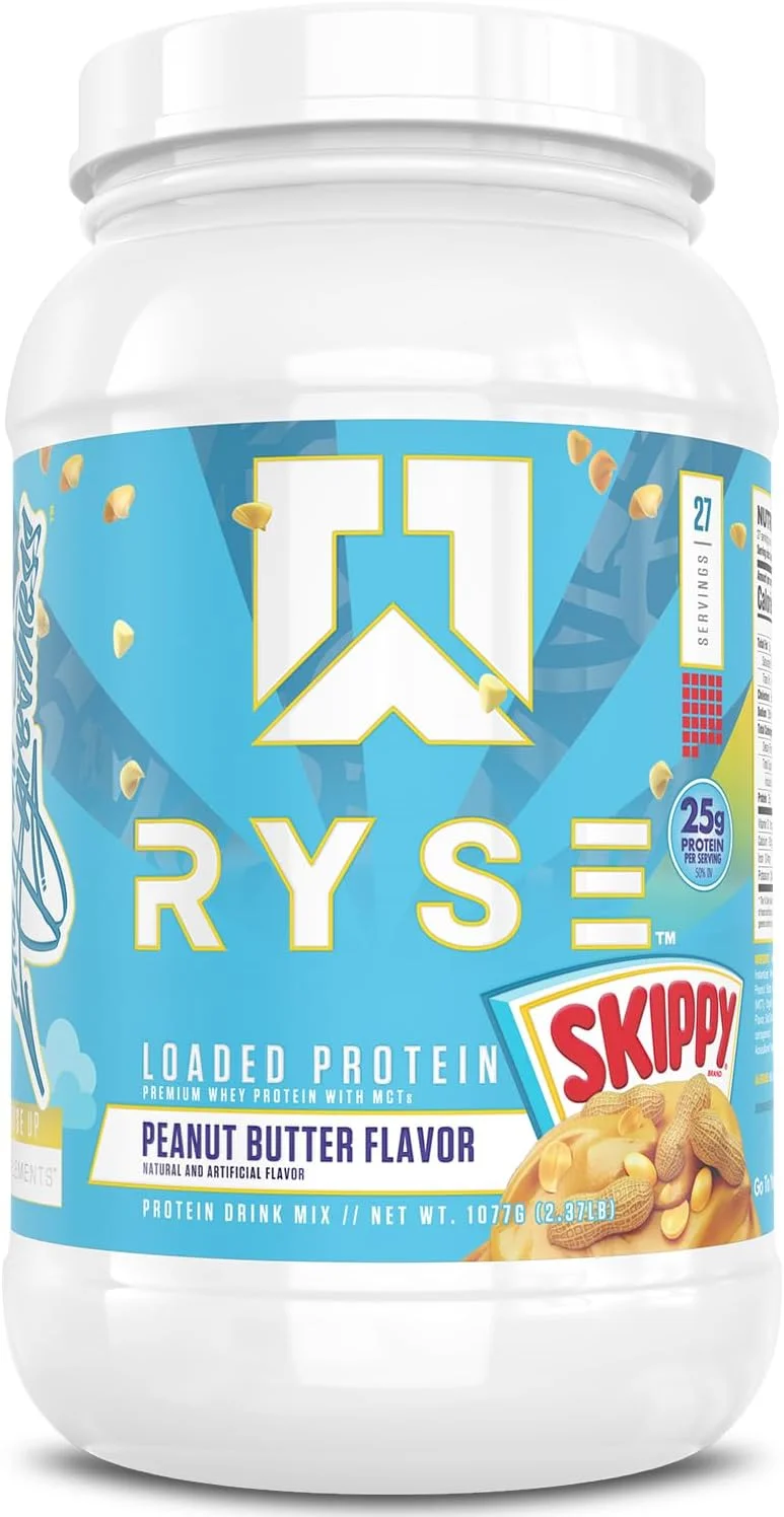 پروتئین وی بارگذاری شده RYSE Up Supplements، (کره بادام زمینی Skippy، 27 سروینگ)، پروتئین وی ممتاز، 25 گرم پروتئین، ایزوله وی، فیبر پری‌بیوتیک، MCTs، هضم آسان