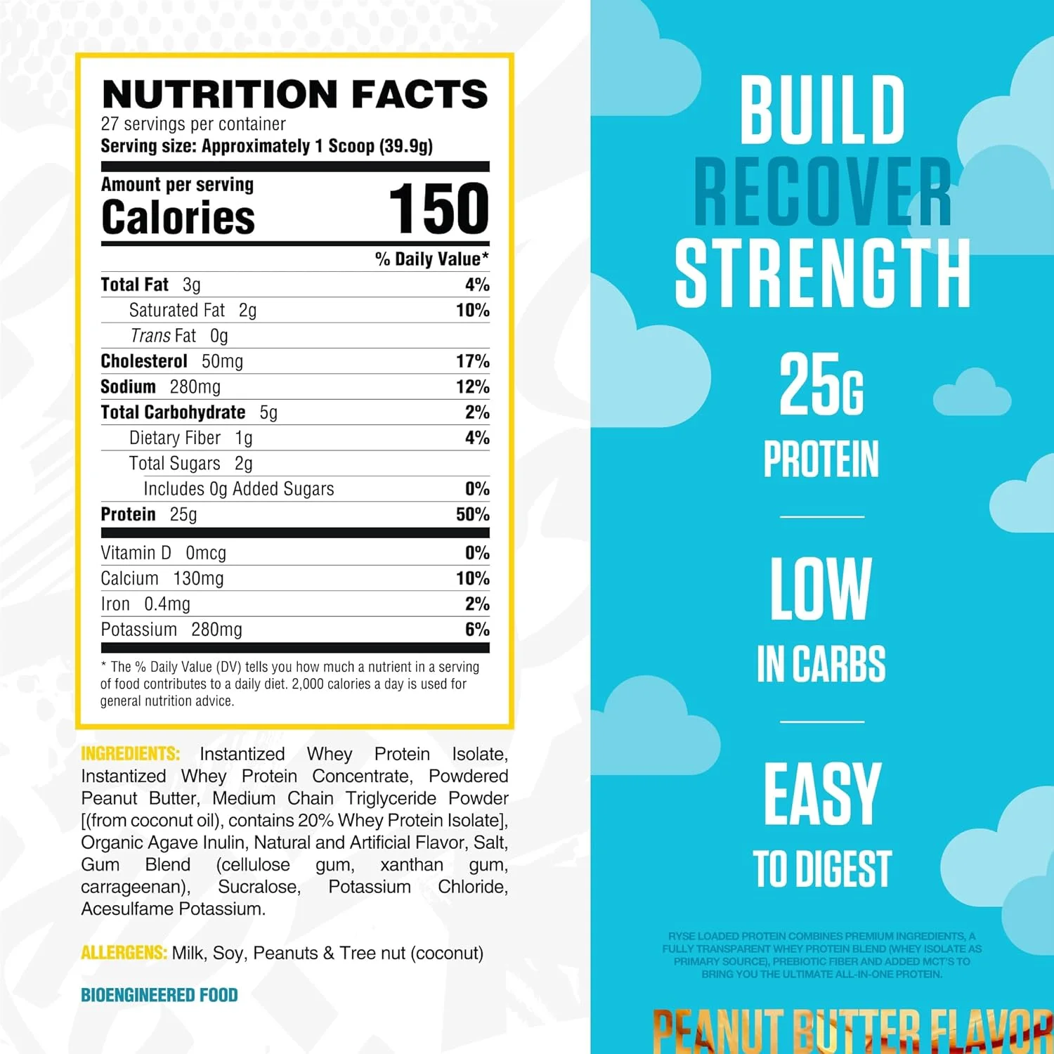پروتئین وی بارگذاری شده RYSE Up Supplements، (کره بادام زمینی Skippy، 27 سروینگ)، پروتئین وی ممتاز، 25 گرم پروتئین، ایزوله وی، فیبر پری‌بیوتیک، MCTs، هضم آسان