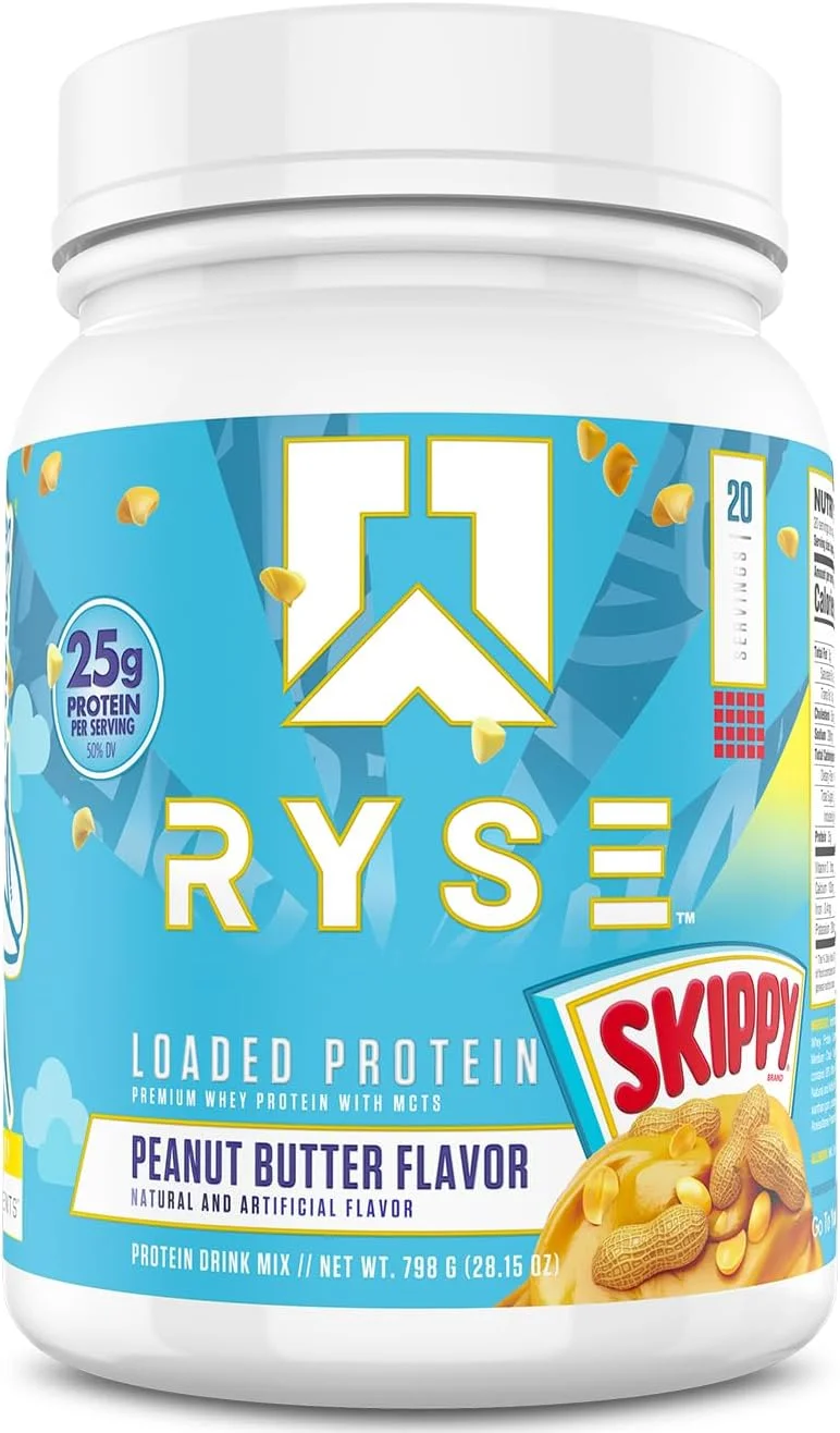 پروتئین وی بارگیری شده RYSE Up Supplements، (کره بادام زمینی اسکیپی، 20 سروینگ)، پروتئین وی ممتاز، 25 گرم پروتئین، ایزوله وی، فیبر پری‌بیوتیک، MCTs، هضم آسان