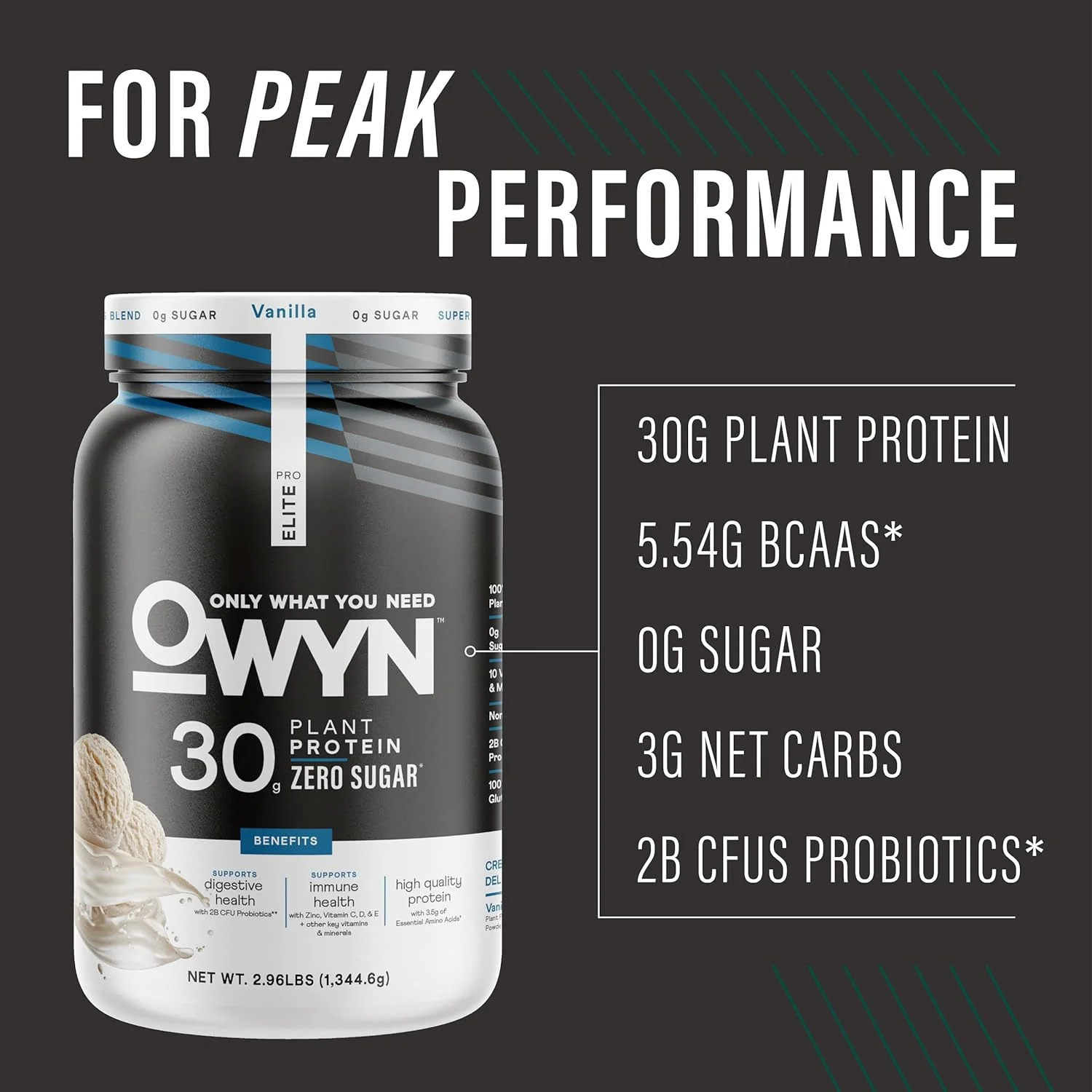 پودر پروتئین گیاهی با پروتئین بالا OWYN Only What You Need Pro Elite Vegan، 30 گرم، بدون شکر (وانیلی، 1.3 کیلوگرم)