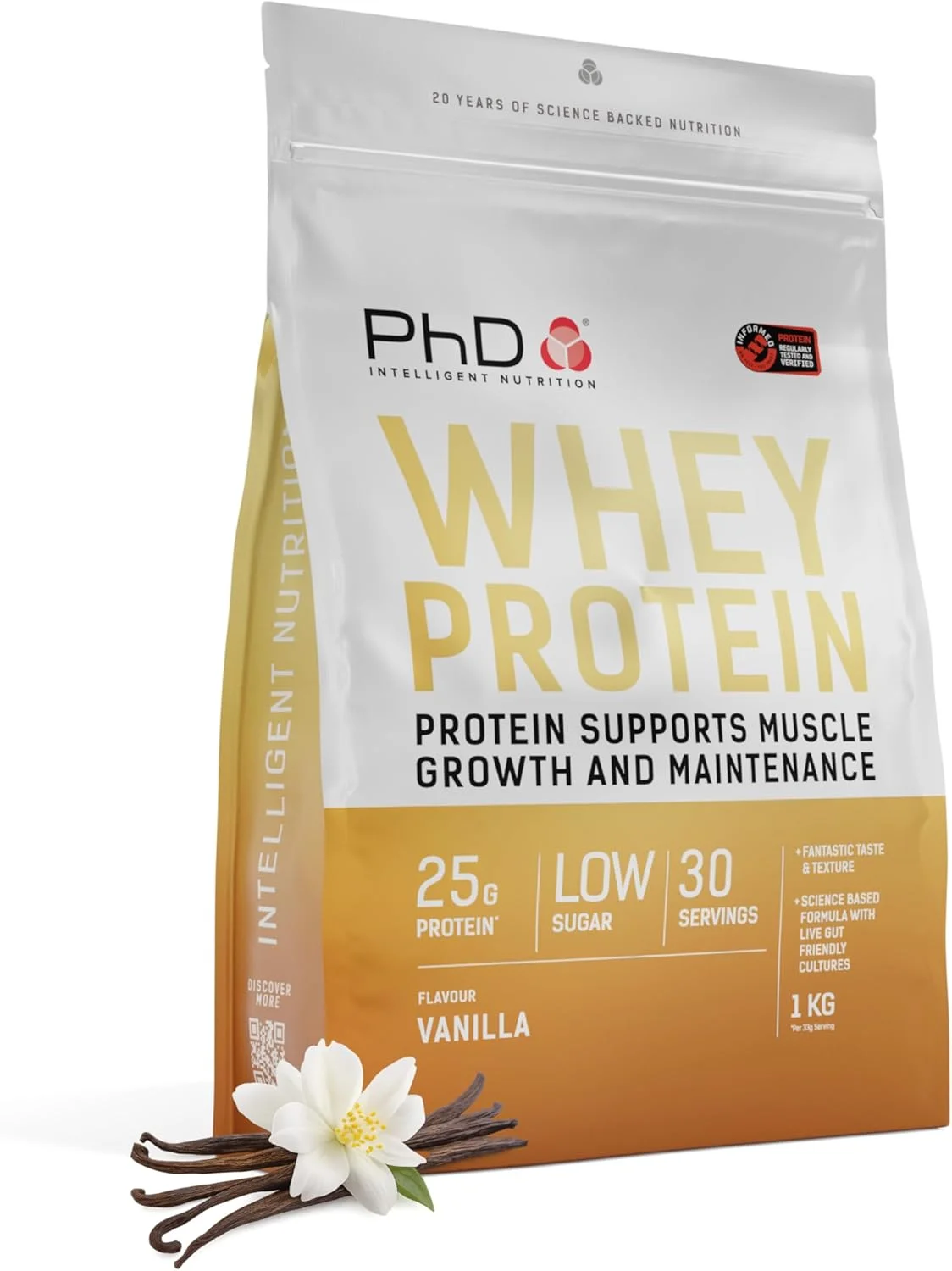 پودر پروتئین وی PhD Nutrition، 1 کیلوگرم، وانیلی - حاوی 25 گرم پروتئین در هر وعده، غنی شده با کشت های پروبیوتیک